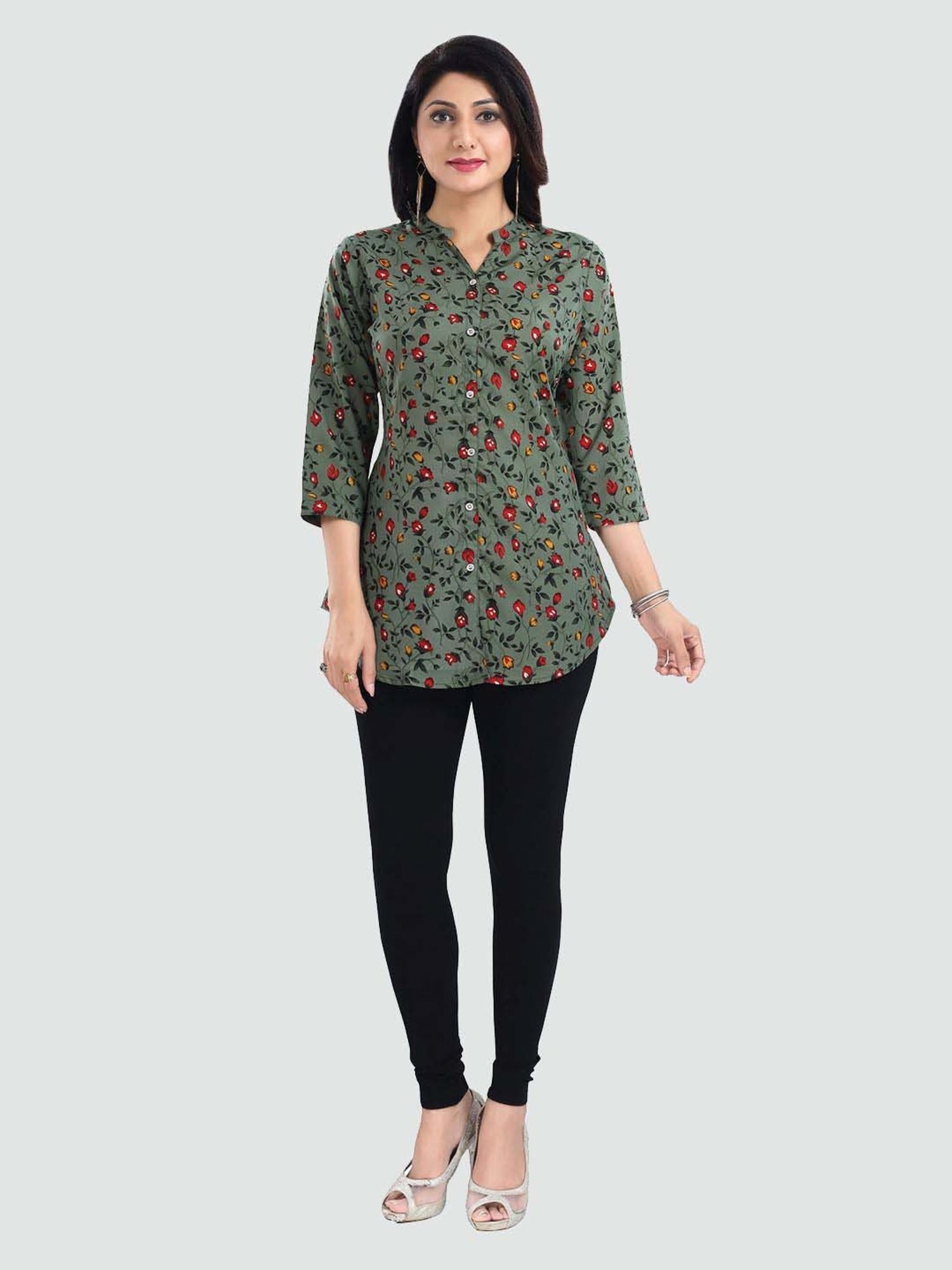 Saree Swarg Green Printed A Line Short Kurti