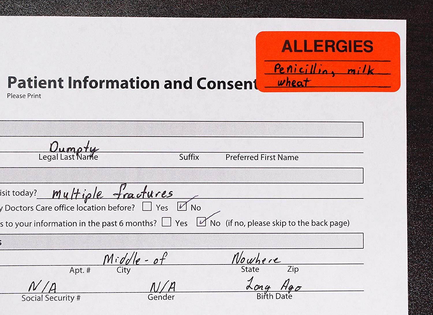 ChromaLabel 1 x 2-1/4 inch Fluorescent Red-Orange Labels |"ALLERGIES" Imprint | 250/Dispenser Box