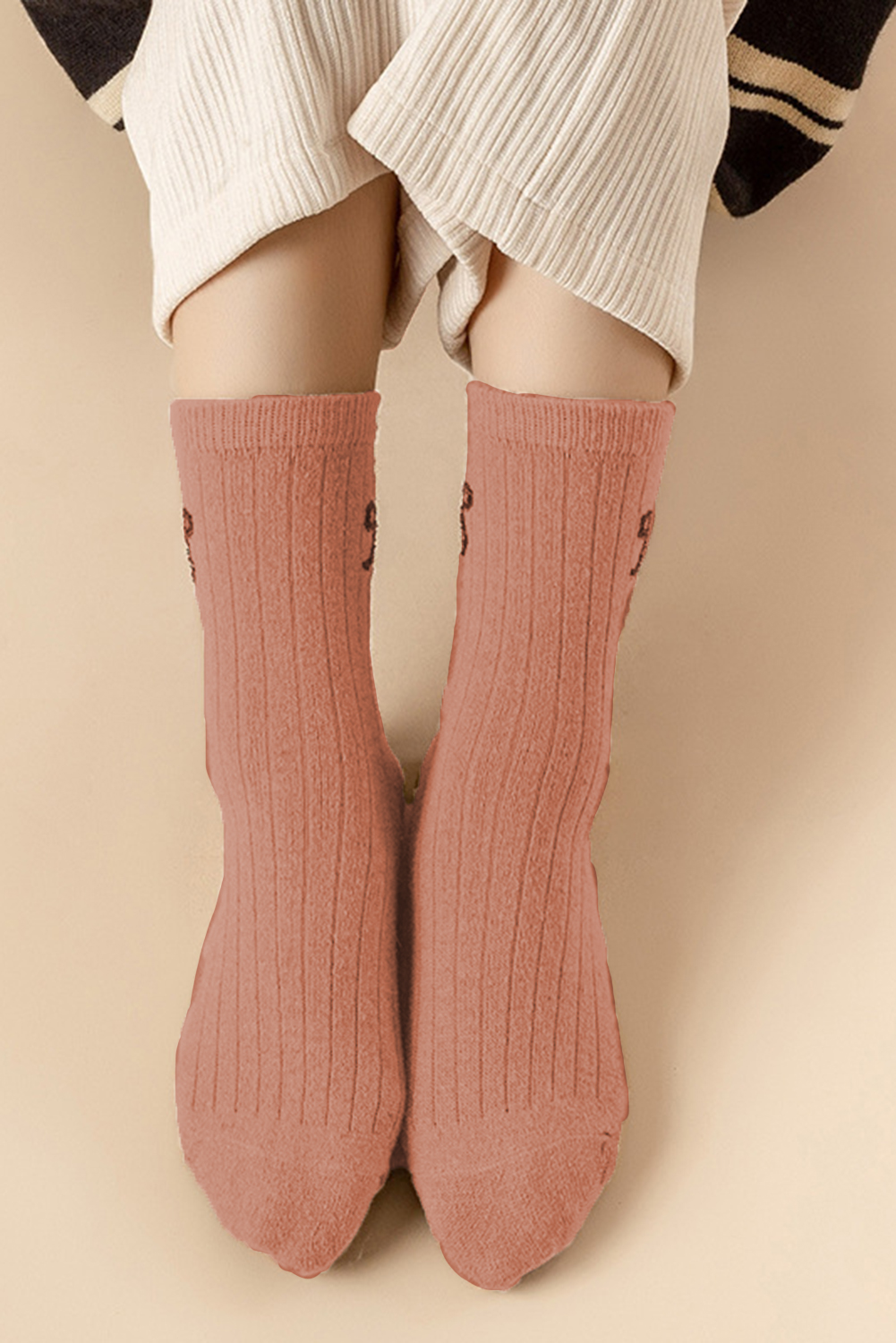 Gossamer Pink Bowknot Ribbed Winter Crew Socks