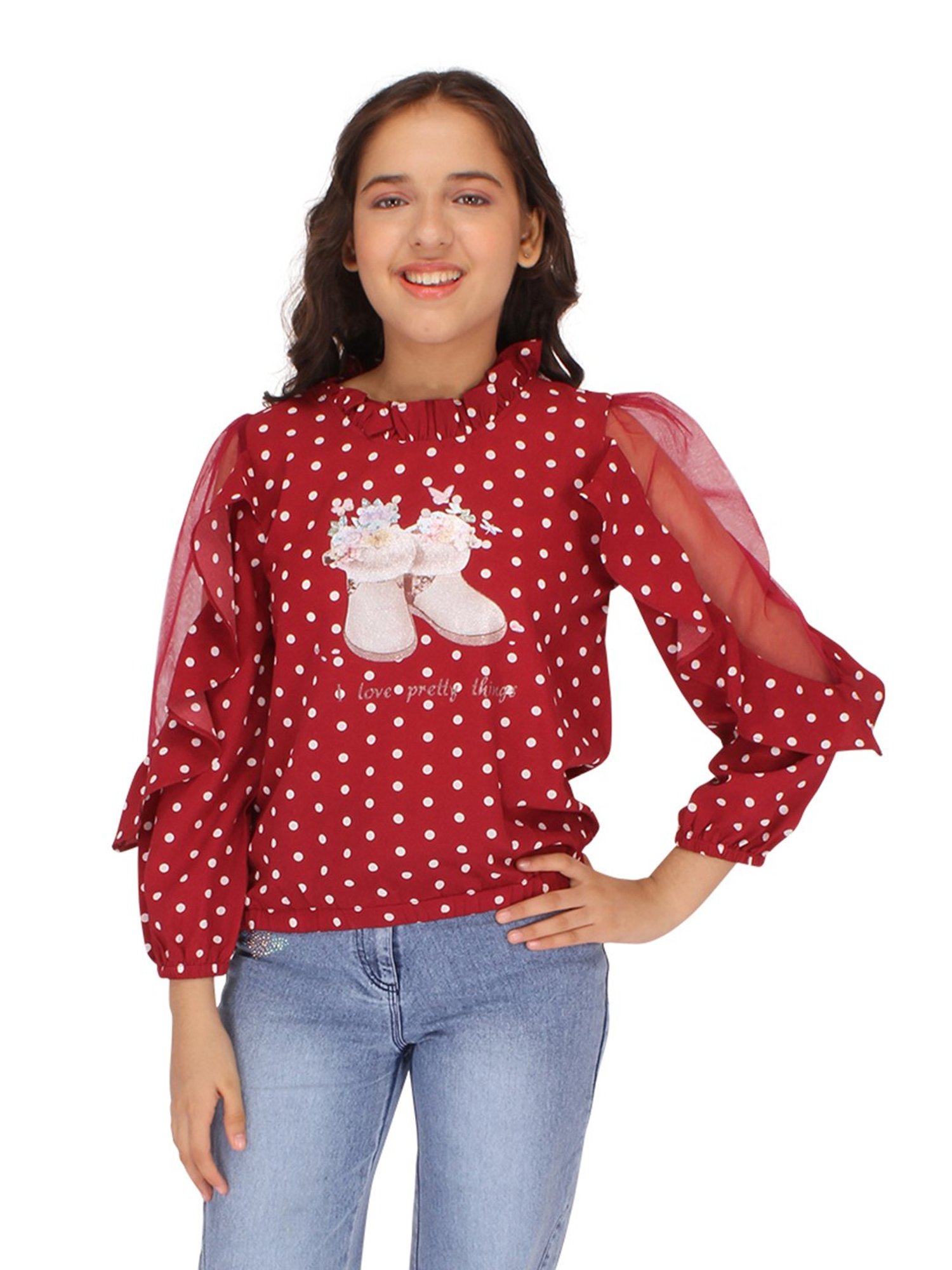 Cutecumber Kids Maroon Embellished Full Sleeves Top