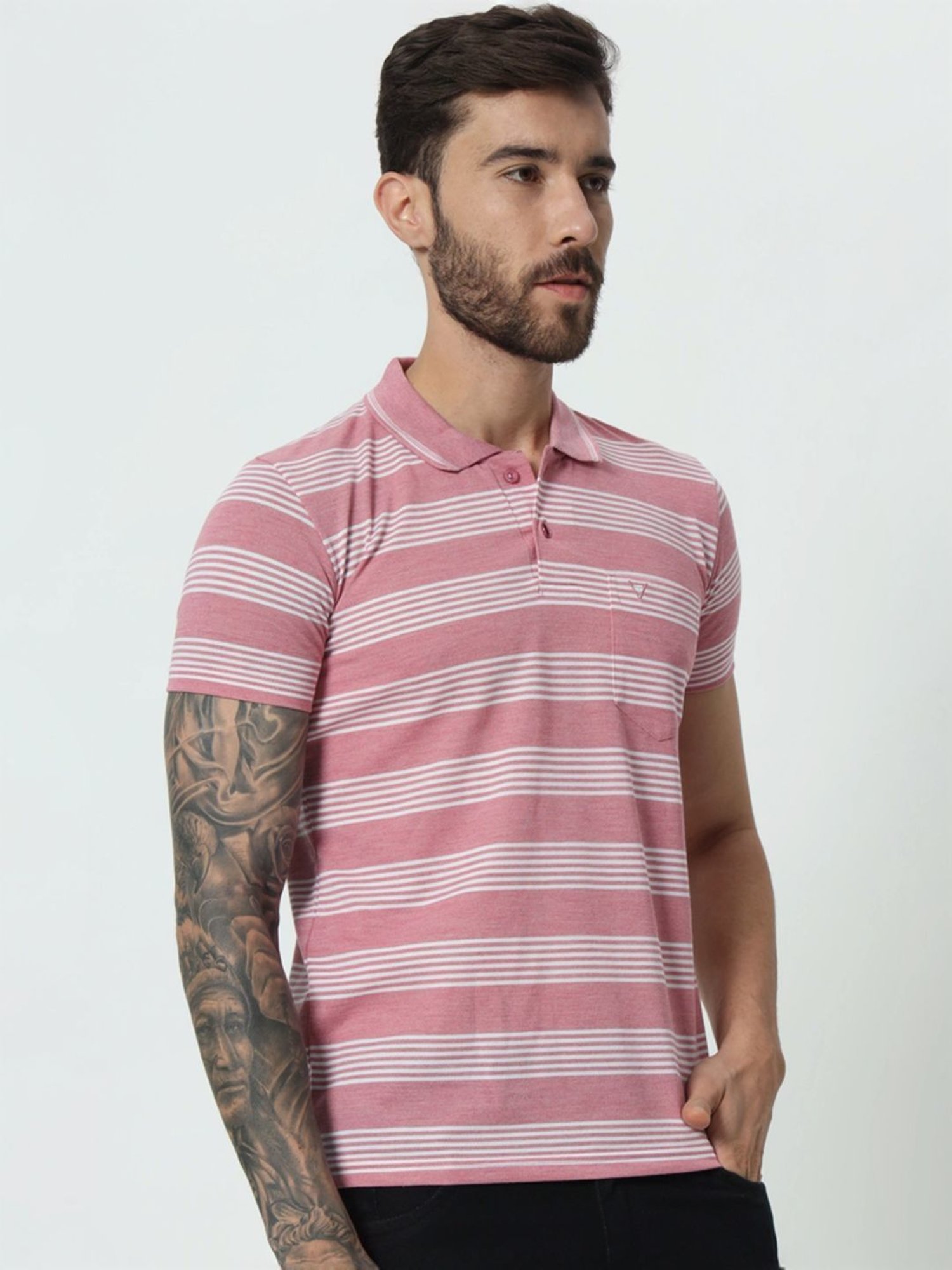 Tab91 Pink Regular Fit Striped Polo T-Shirts