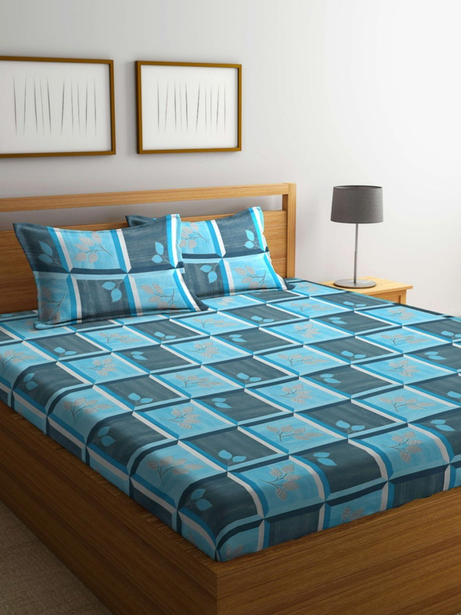 Dhrohar Printed Blue Cotton 180 TC Double Bedsheet with 2 Pillow covers