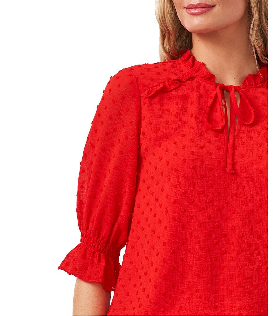 CeCe Split Neck Elbow Sleeve Clip Dot Chiffon Blouse
