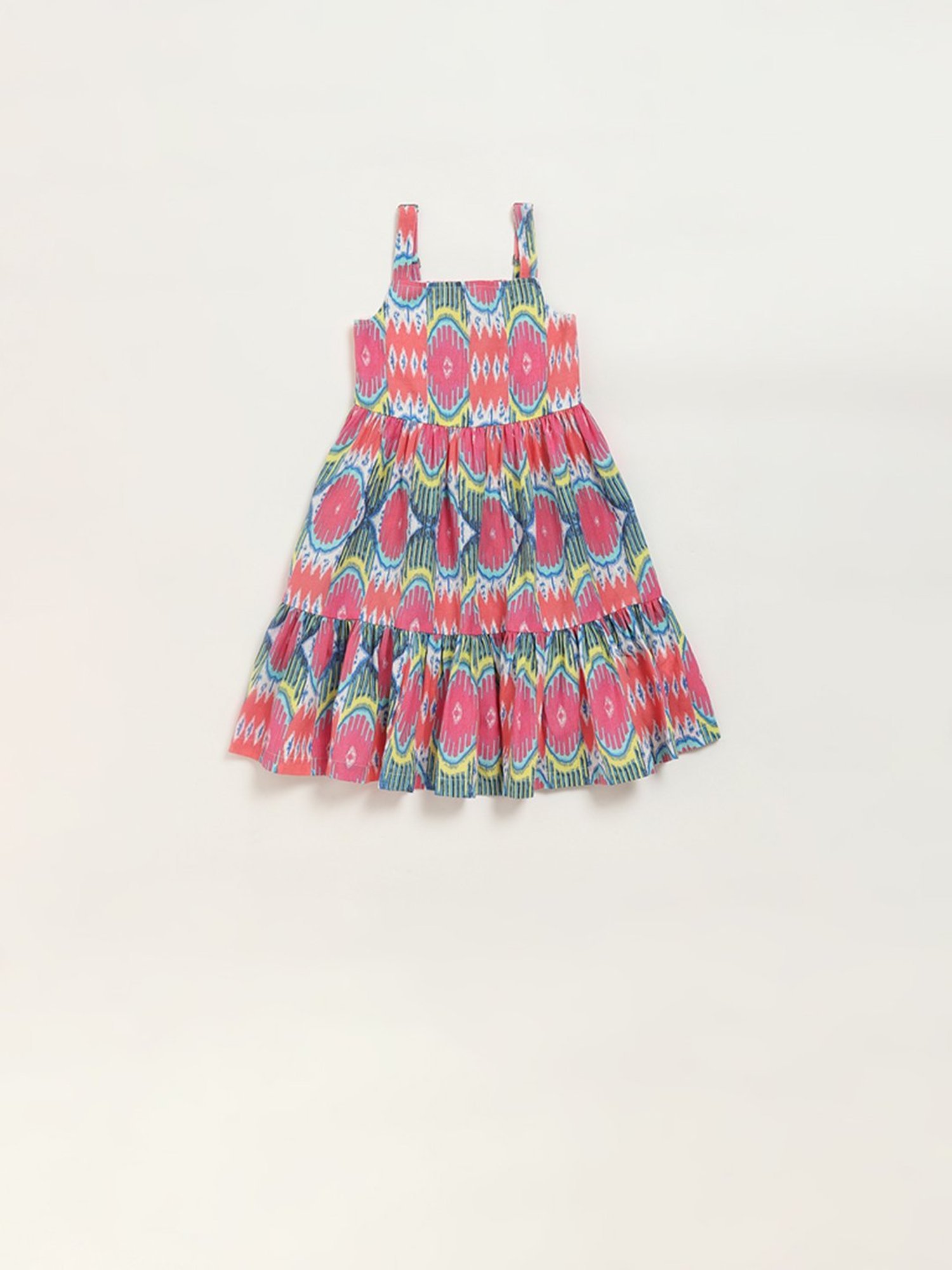 Utsa Kids by Westside Pink Ikat Print Tiered Cotton Blend Dress