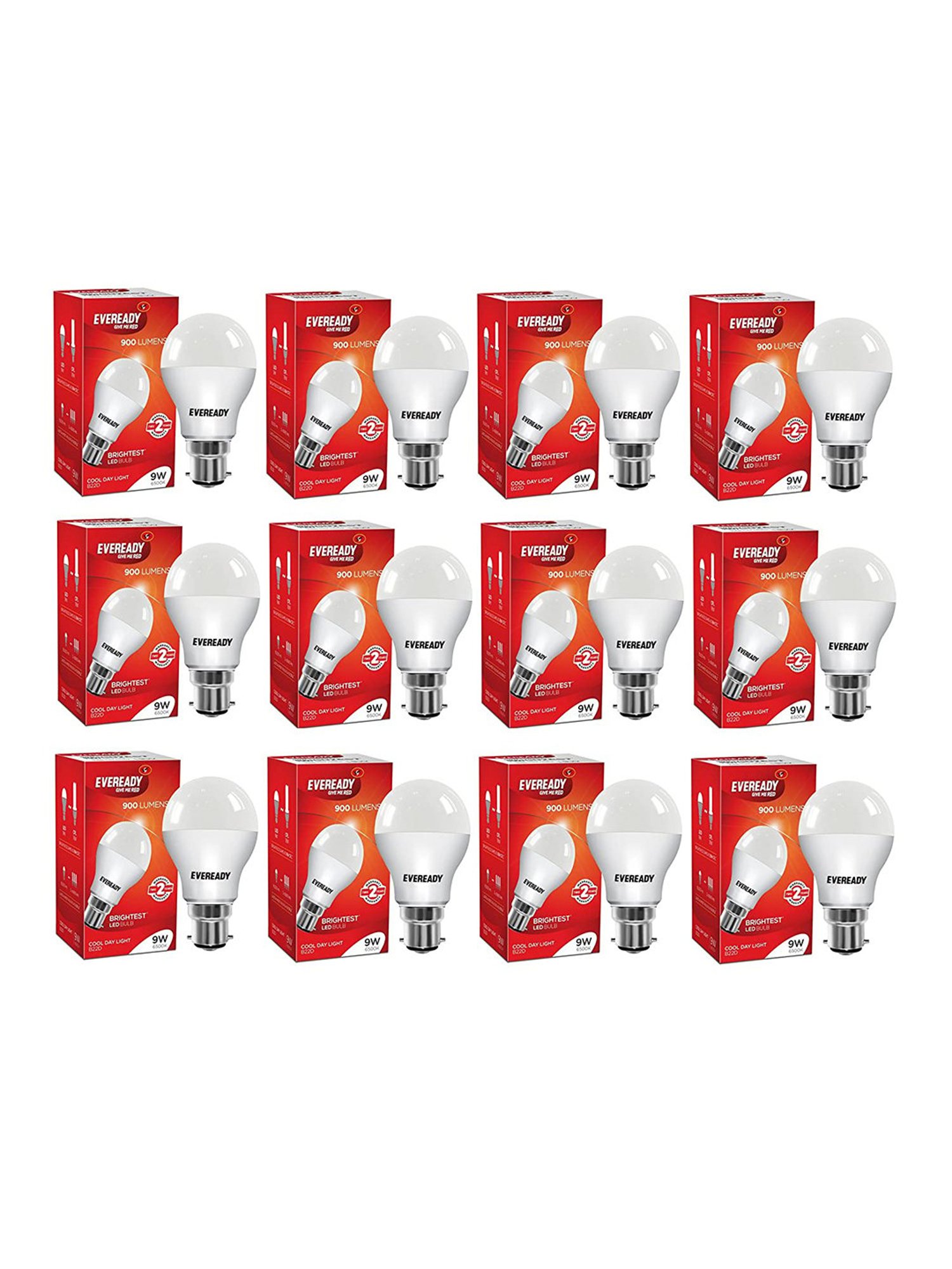 Eveready B22D 9W LED Bulb - Pack of 12 (3B65PB00009, White)