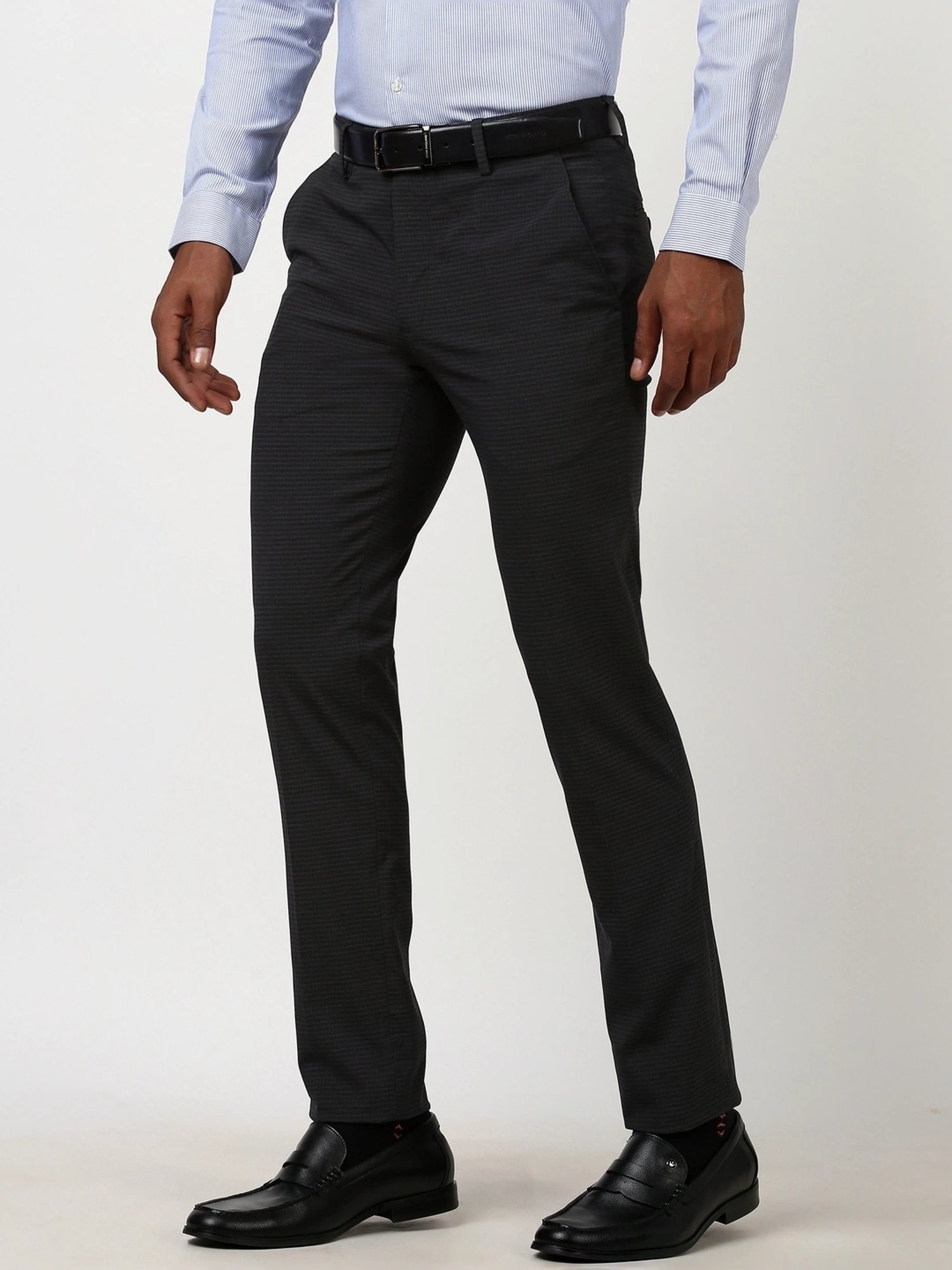 Peter England Grey Slim Fit Self Pattern Trousers