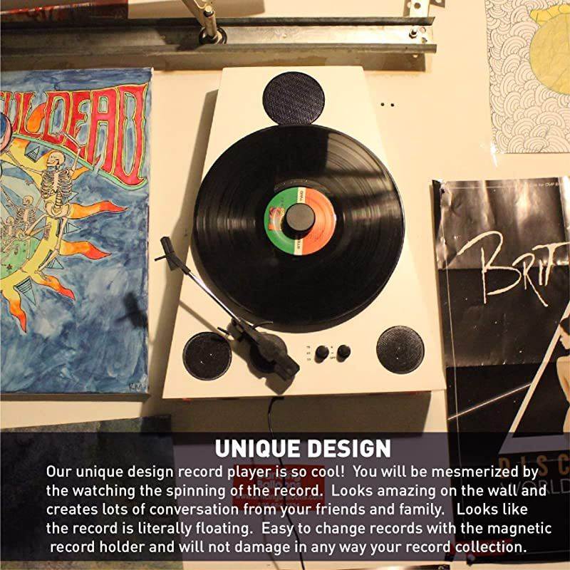 Vertical Bluetooth Turntable 3 Speed Record Player Auto Stop Feature Amplified Triple Builtin Stereo Speakers Headphone Jack Input and RCA Outputs White