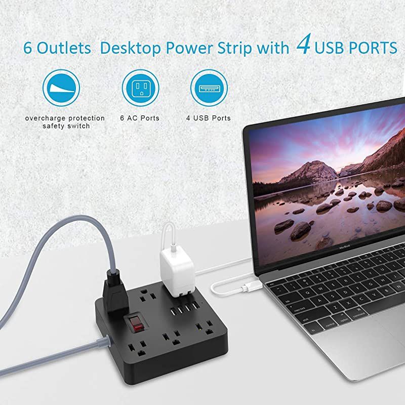 Power Strip  Extension Cord with 6 AC Outlets and 4 USB Charging Ports5V34A17W for Smartphone Tablets Home Office Hotel Cruise Ship 5 Feet Long Cord ETL Listed Black