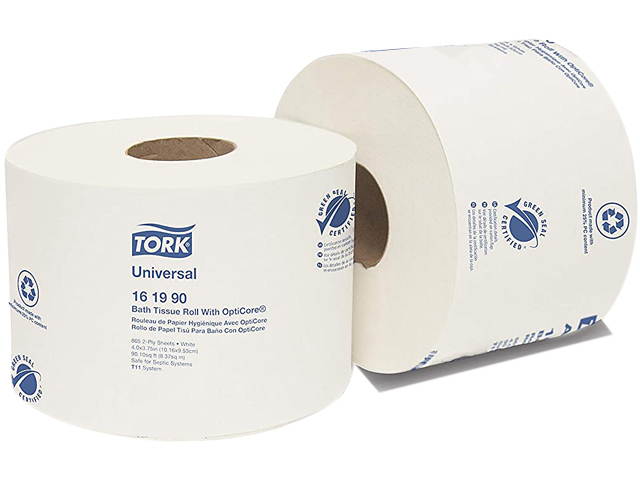 Tork 161990 Universal Bath Tissue Roll with OptiCore, Septic Safe, 2-Ply, White, 865 Sheets/Roll, 36/Carton