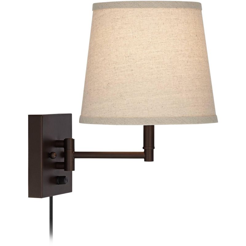 Barnes and Ivy Modern Swing Arm Wall Lamp Antique Brass Plug-In Light Fixture Taupe Fabric Bell Shade Bedroom Living Room Reading