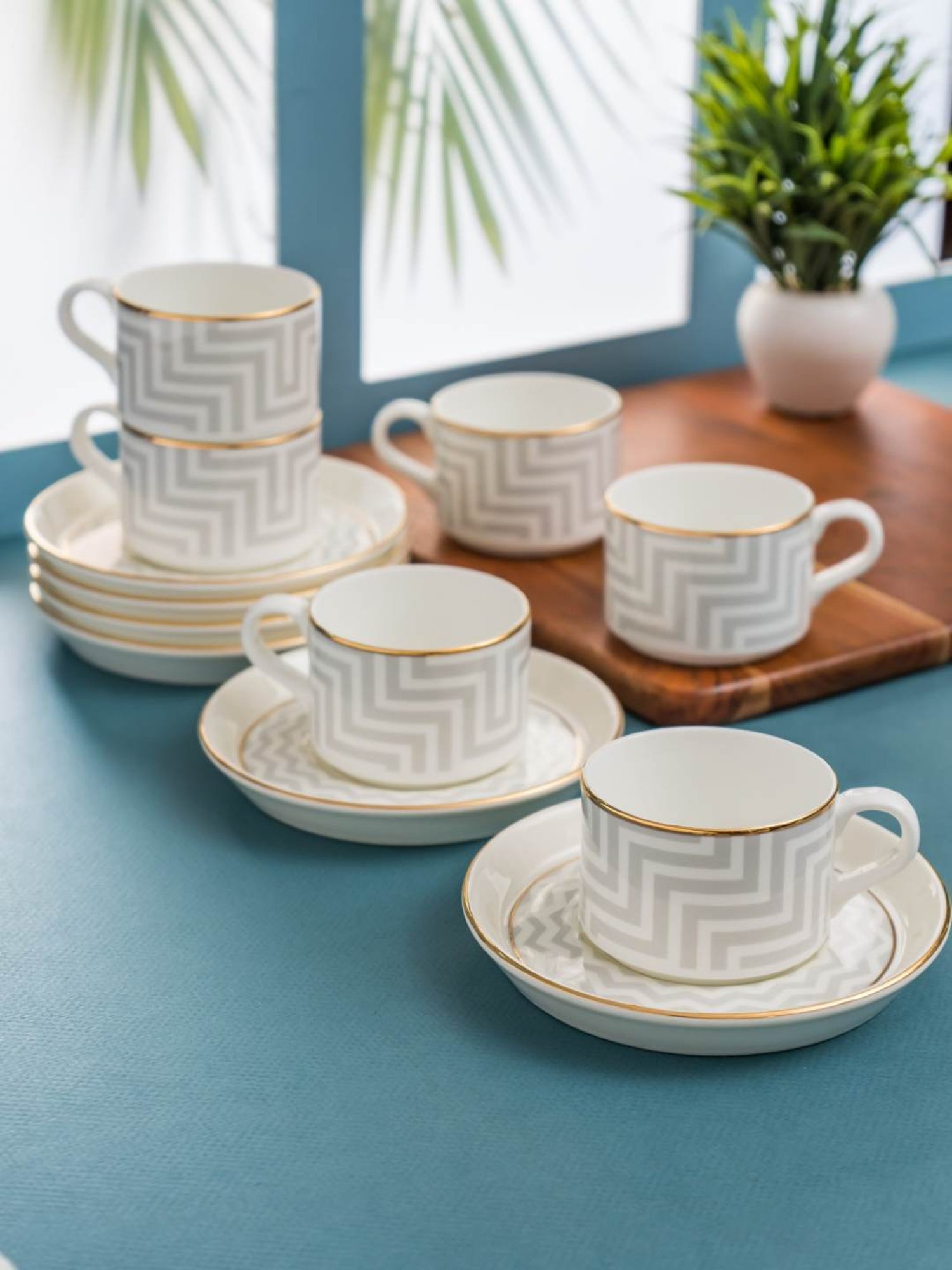 Clay Craft Colour White Line Fine Ceramic Cup Saucer Set of 12 ( 6 Cups + 6 Saucers) - 180 ml each