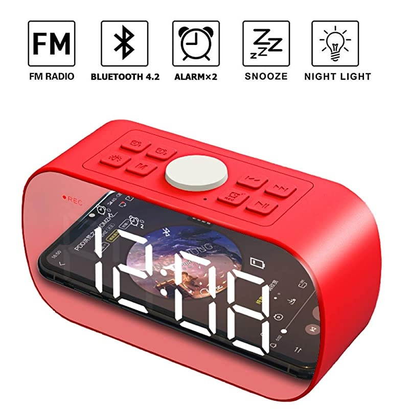 Bluetooth Speakers Portable Alarm Clock with FM Radio Night Light 5quot LED Stylish Mirror Digital Display Sleep Timer with Snooze Function Compatible with iPhone Samsung and MoreRed