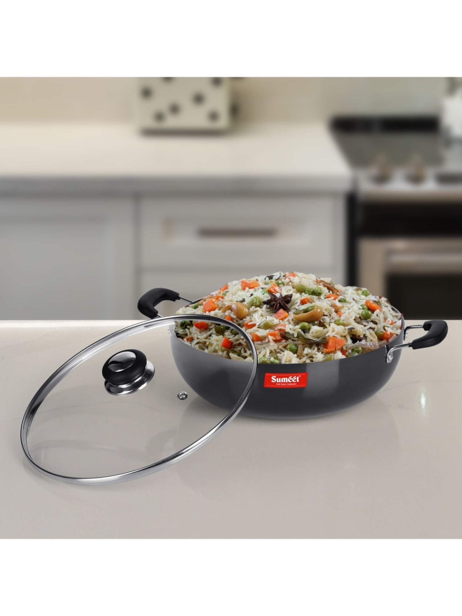 Sumeet 3mm Hard Anodized Deep kadai with Glass Lid Big Size No. - 15 (28.5cm Dia. 4.5 LTR Capacity)