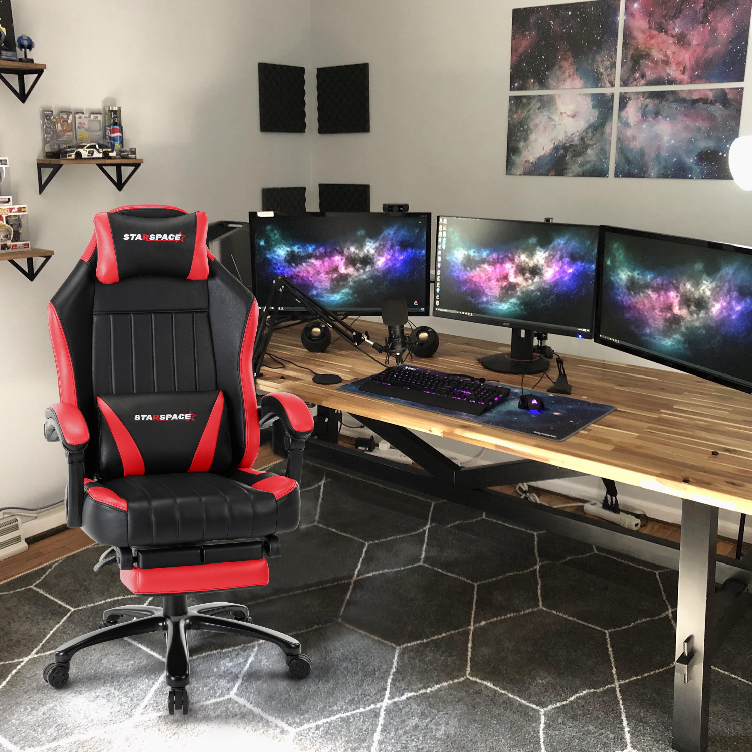 STRASPACE Big & Tall 400lb Memory Foam Reclining Gaming Chair Metal Base - Adjustable Back Angle and Retractable Footrest Ergonomic High-Back Leather Racing Executive Computer Desk Office Chair, Blue