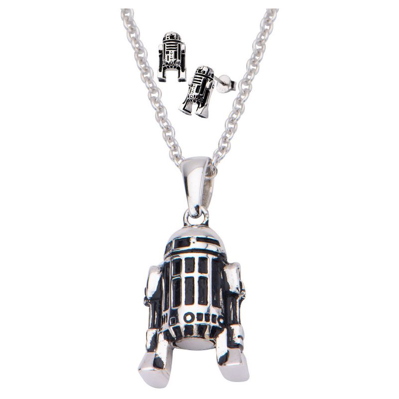 Women's  'Star Wars' R2-D2 925 Sterling Silver 3D Earrings and Pendant with Chain Set (18")