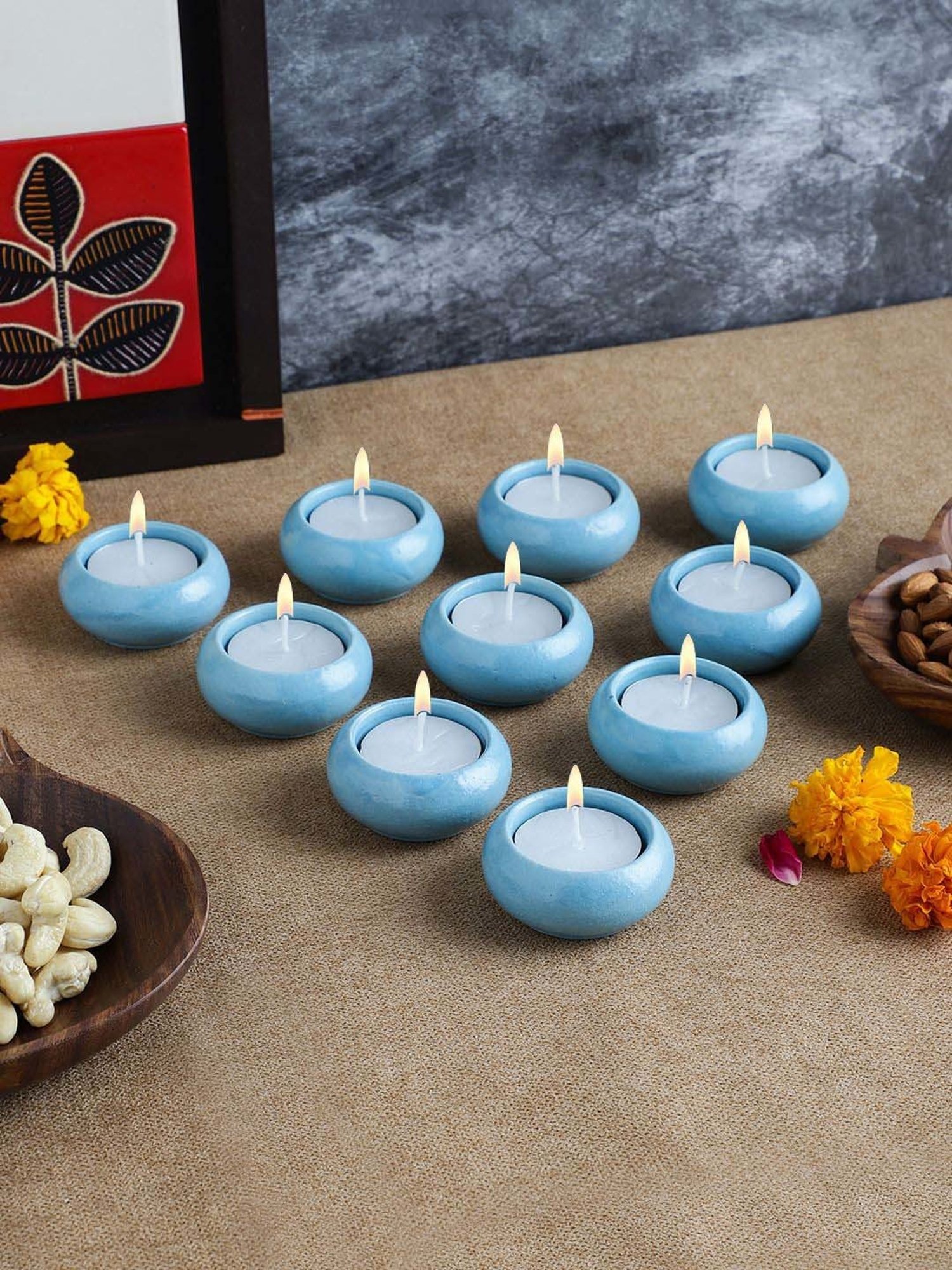 VarEesha Earthen Sparkle Blue Ceramic Tea Light Holder - Set of 10