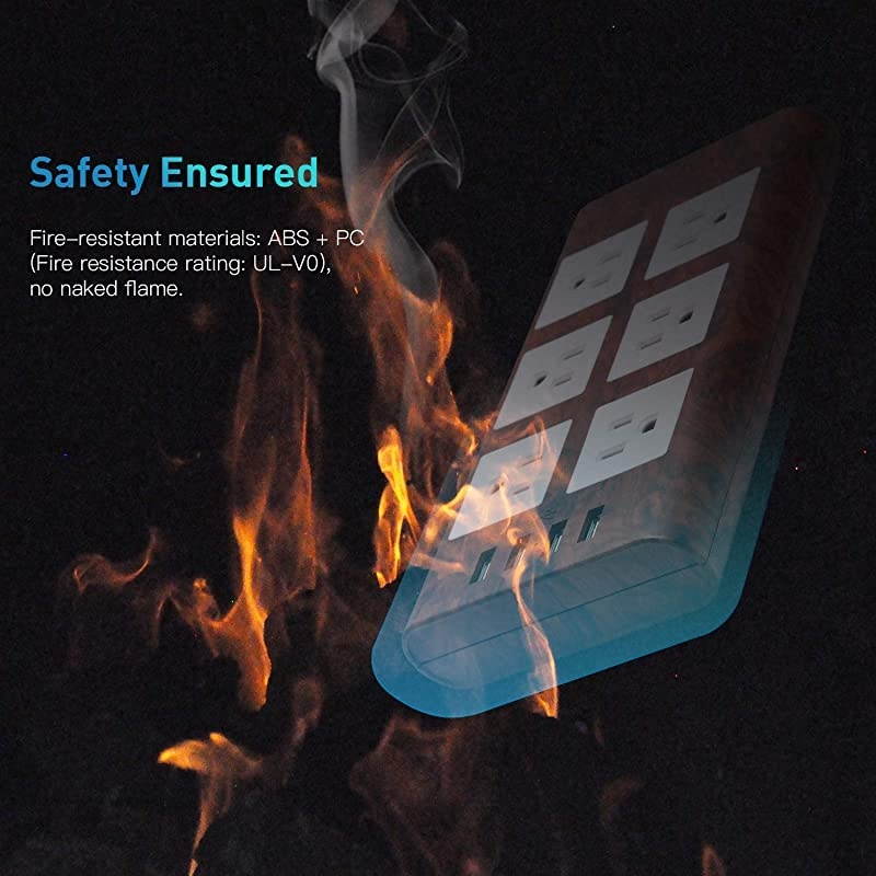 98ft 15A Surge Protector Power Strip with USB 14AWG Extension Cord 6 Outlet Flat Plug FireProof with Cable Tie as Bonus for iPhone iPad Computer Home Office Destop Wood Grain