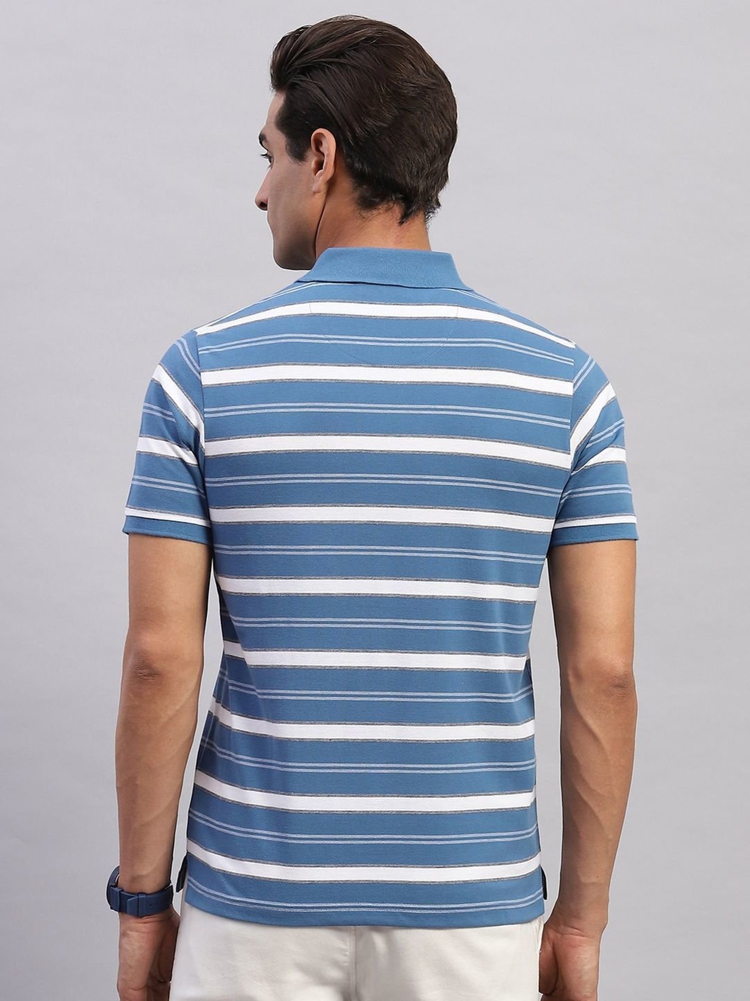 Monte Carlo Blue Regular Fit Striped Polo T-Shirt