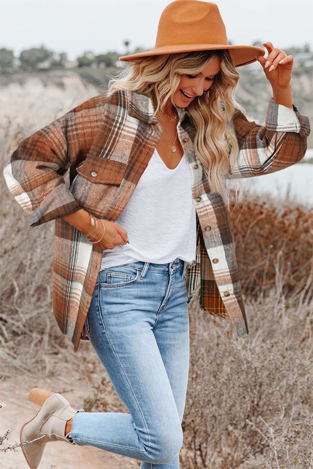 Brown Plaid Button Up Long Sleeve Flannel Shacket