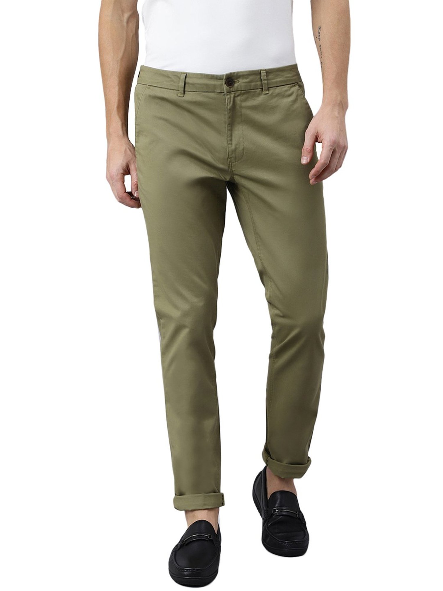 Woods Olive Regular Fit Flat Front Trousers
