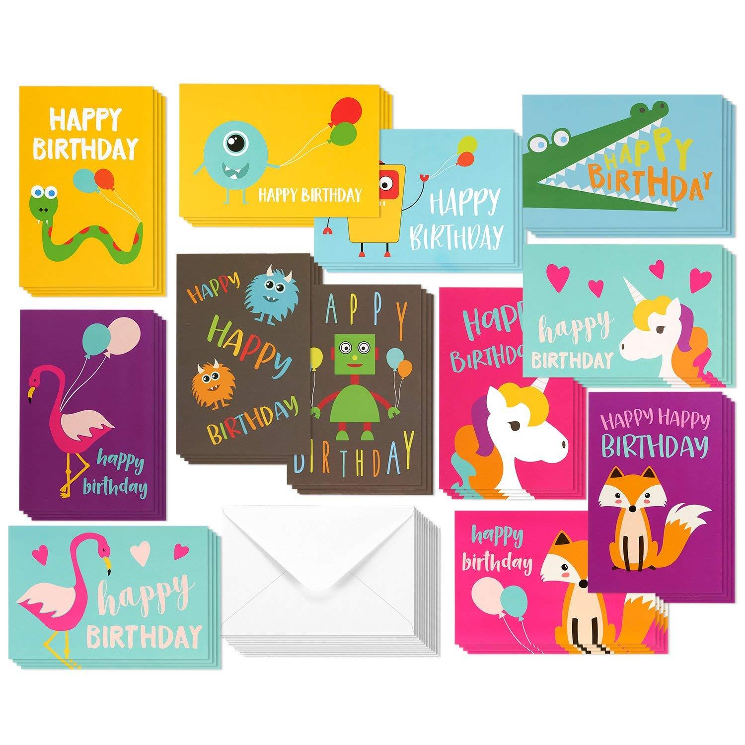 48 Pack Children Birthday Cards Unicorn, Flamingo, and Monster Designs Happy Birthday Greeting Cards Assortment for Kids Variety Pack - Bulk Box Set with Envelopes Included - 4 x 6 Inches