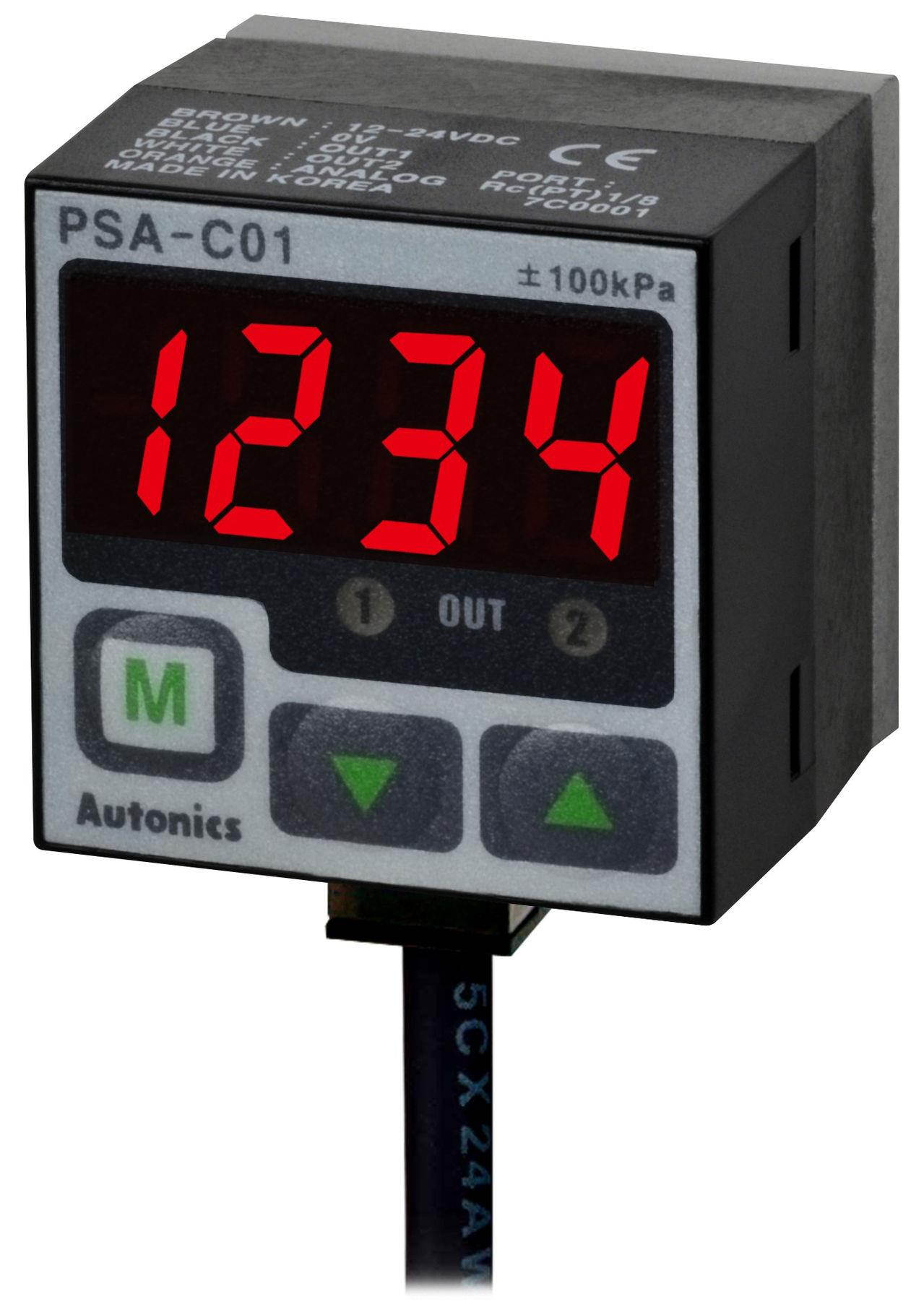 AUTONICS PSA-1P-NPT1/8 Sensor, Pressure, Standard Pressure, 3 1/2 Digit LED, 0 to 1000 kPa, 2 PNP/ 1-5 VDC Out,  Port NPT 1/8, 12-24 VDC