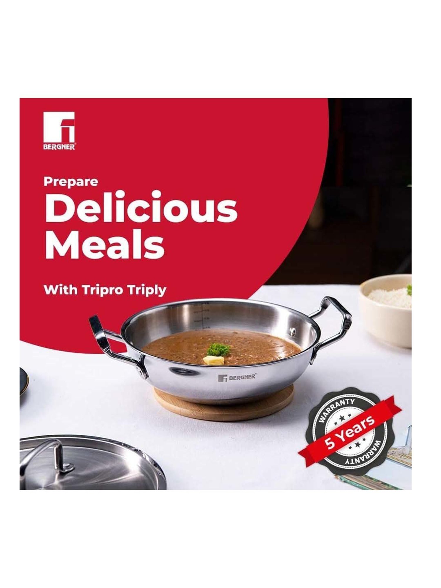 ALLO Silver Stainless Steel Induction Friendly Triply Kadhai (3 L)