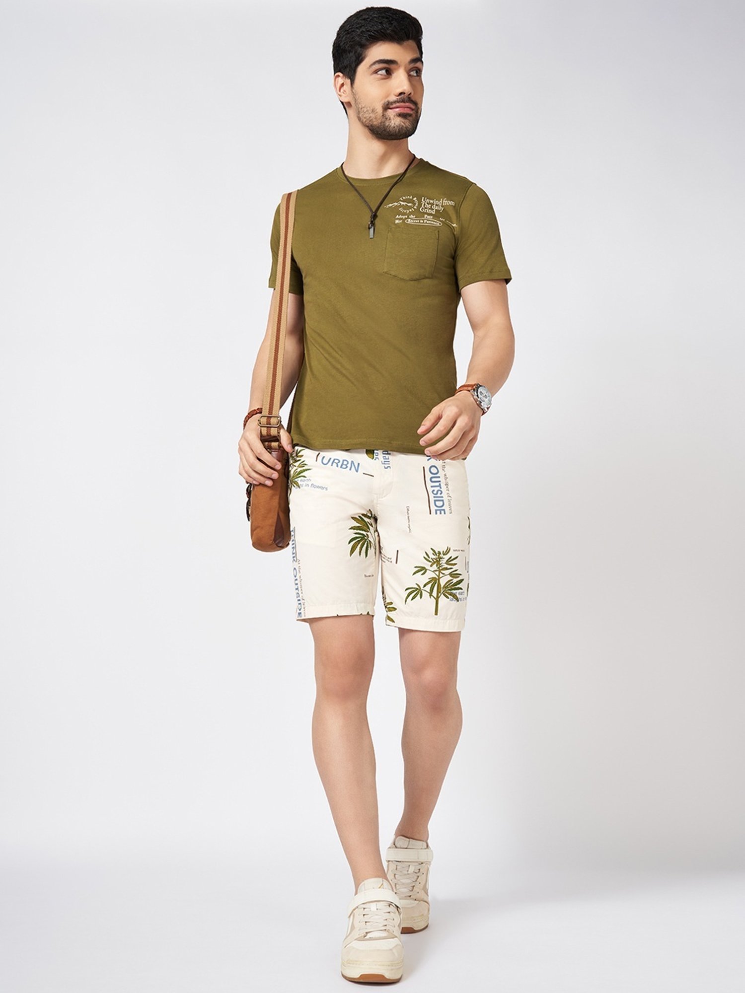 Urban Ranger By Pantaloons Off White Cotton Slim Fit Printed Shorts