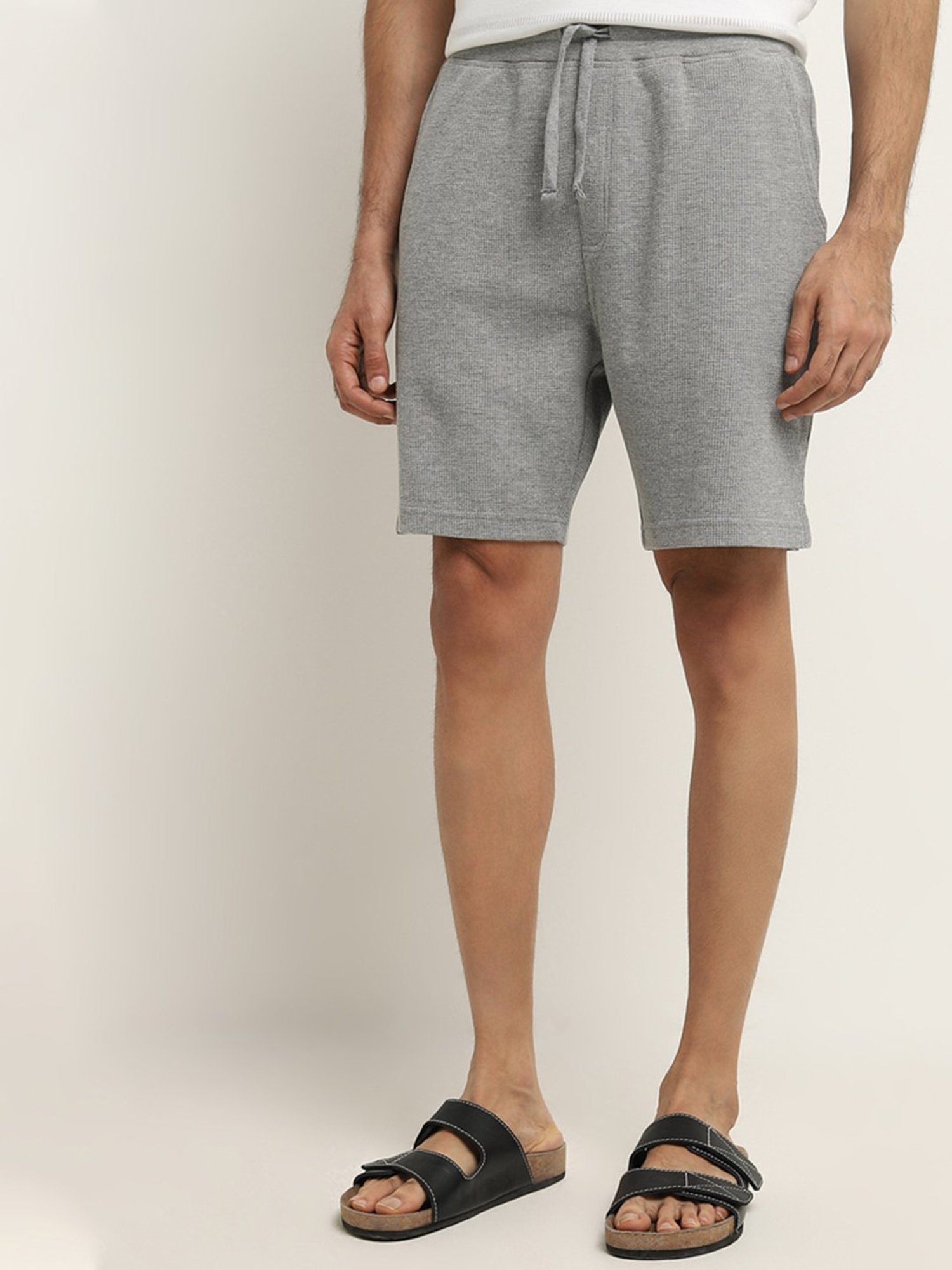 WES Lounge by Westside Grey Textured Relaxed-Fit Mid-Rise Shorts
