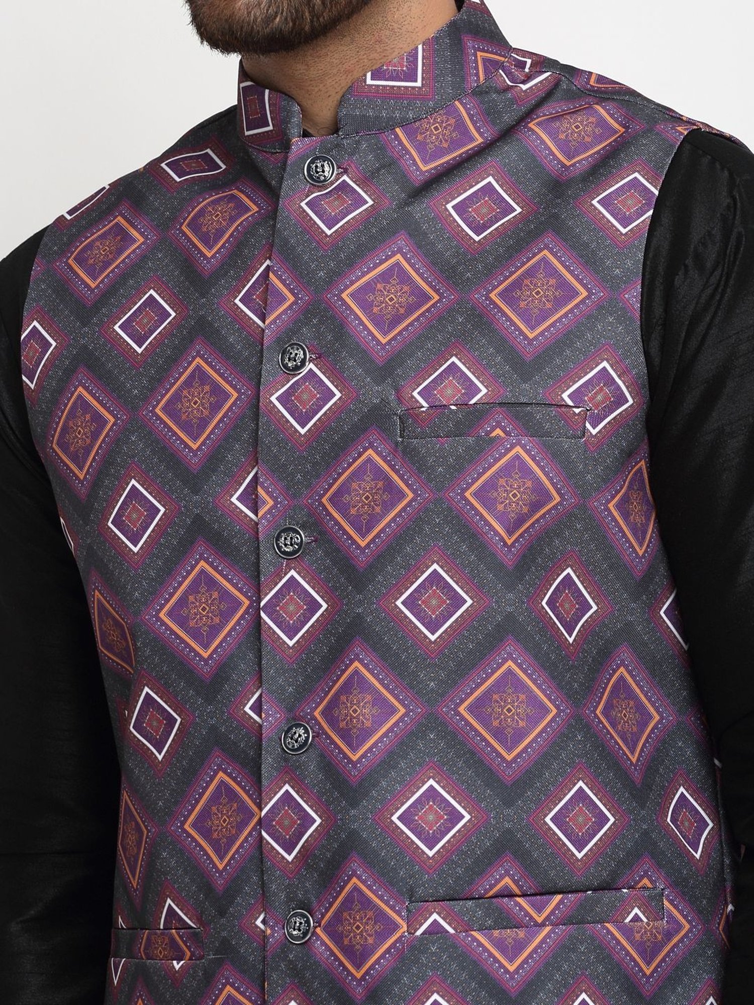 Benstoke Black & Purple Regular Fit Geometric Kurta Set With Jacket