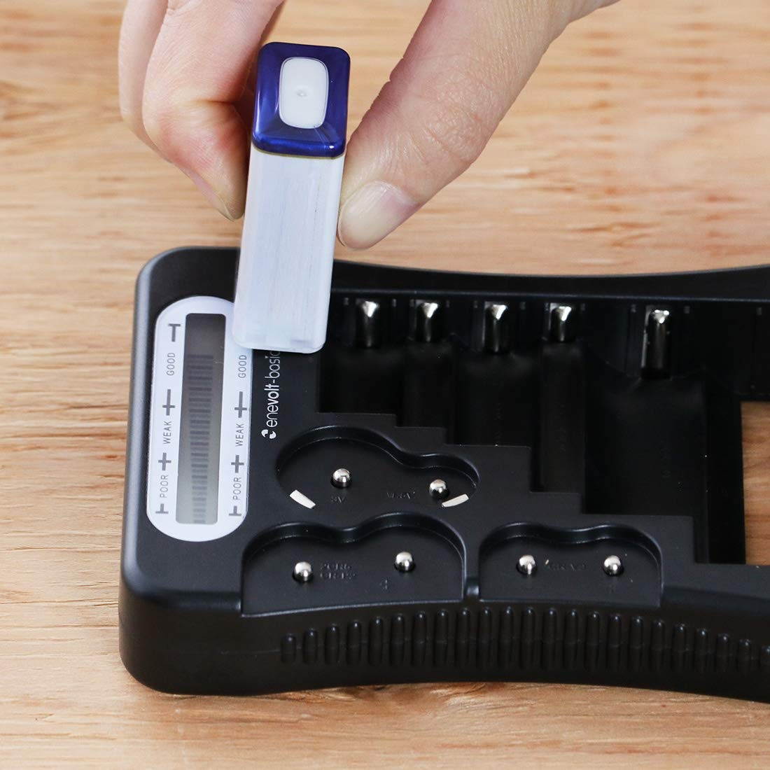 Enevolt-Basic Universal Battery Tester with Display for AA AAA C D N 9V CR123A CR2 3V 1.5V 2CR5 CR-P2 CR-V3 Button Cell Batteries, Compact Battery Checker - Black