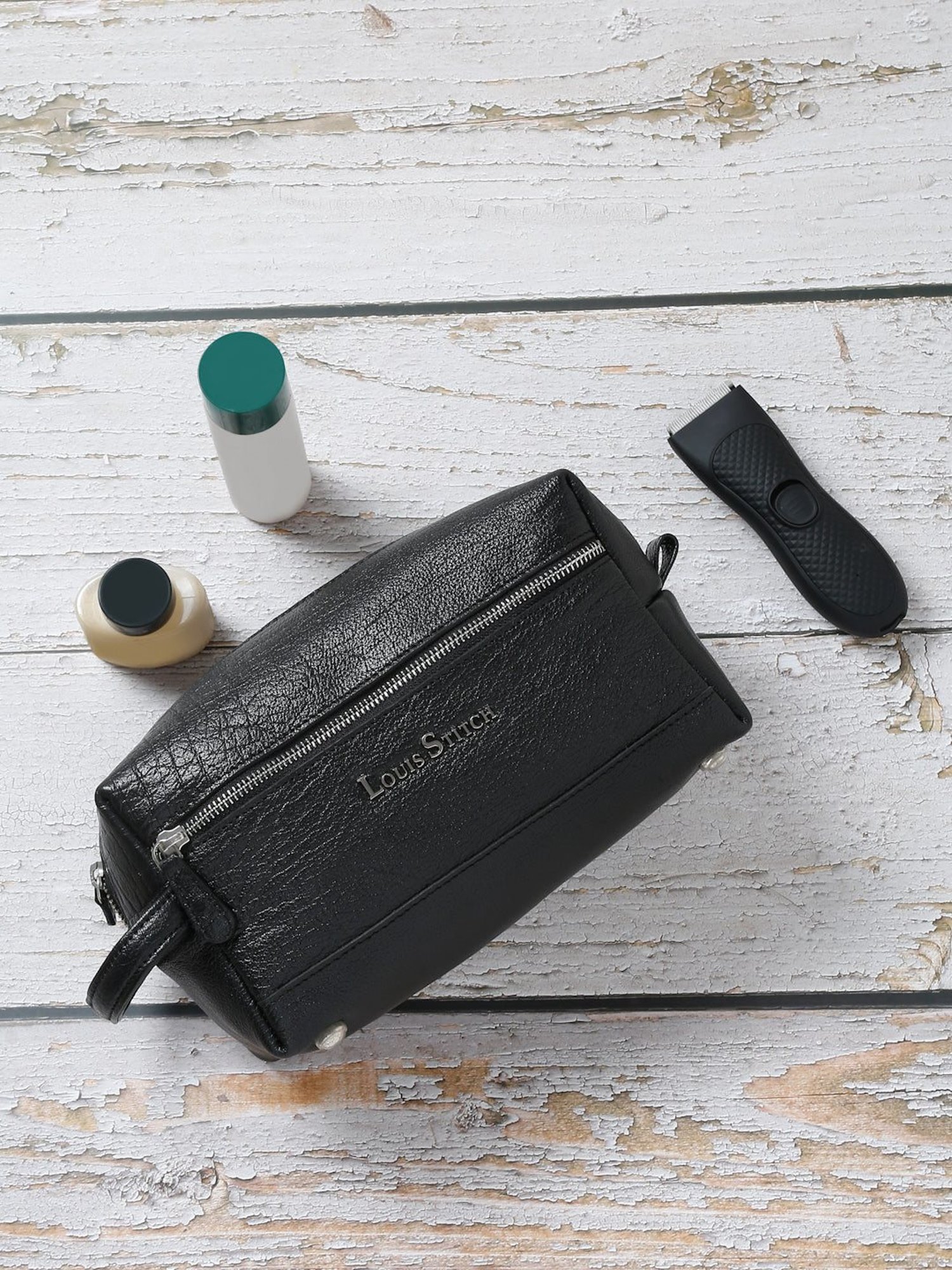 Louis Stitch Jet Black Leather Medium Toiletry Pouch