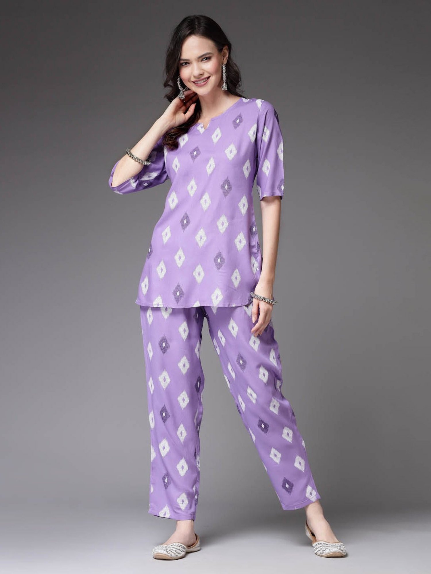 Stylum Purple Rayon Printed Top & Pant Set