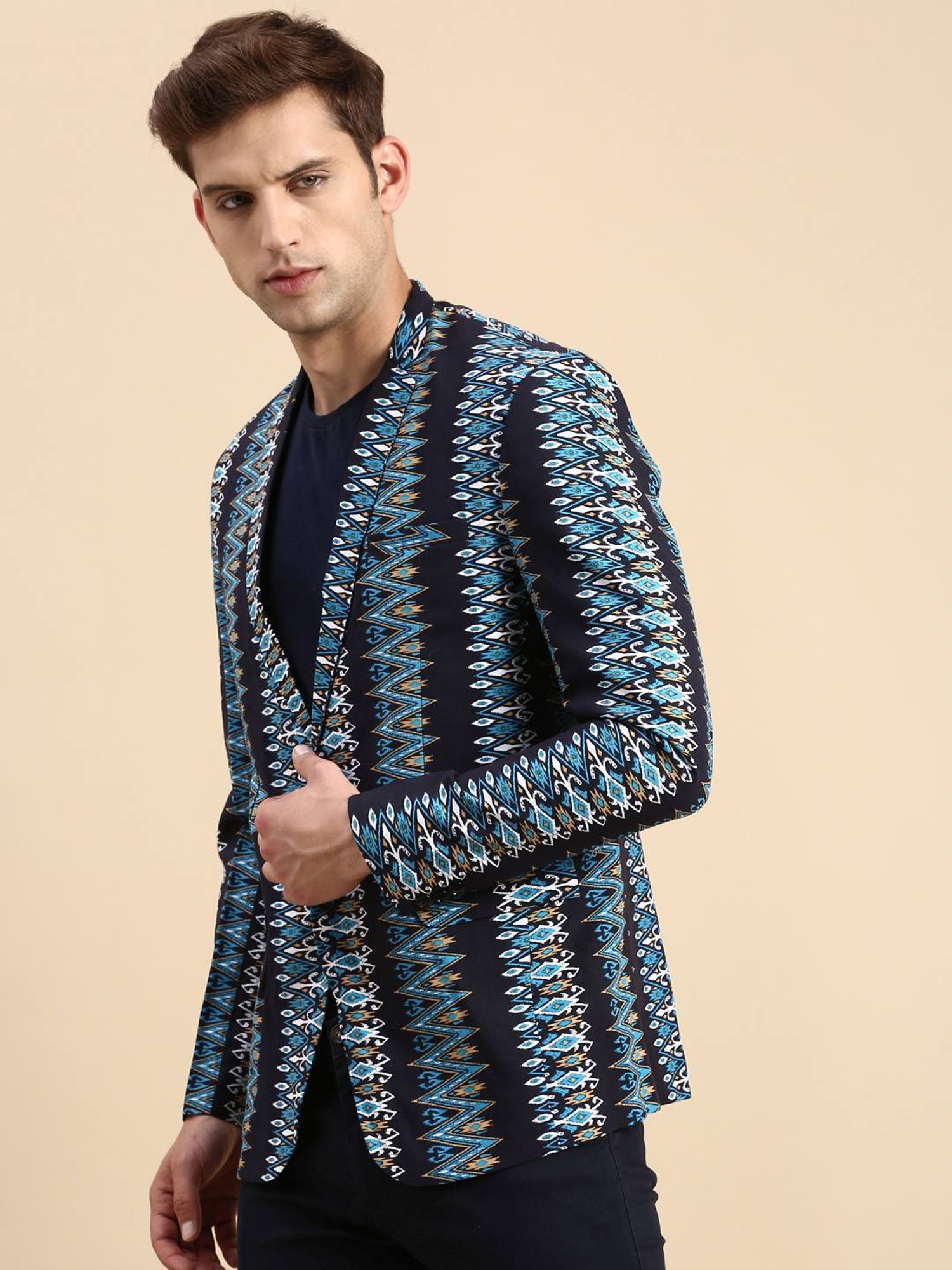 SHOWOFF Navy Blue Cotton Slim Fit Printed Blazer