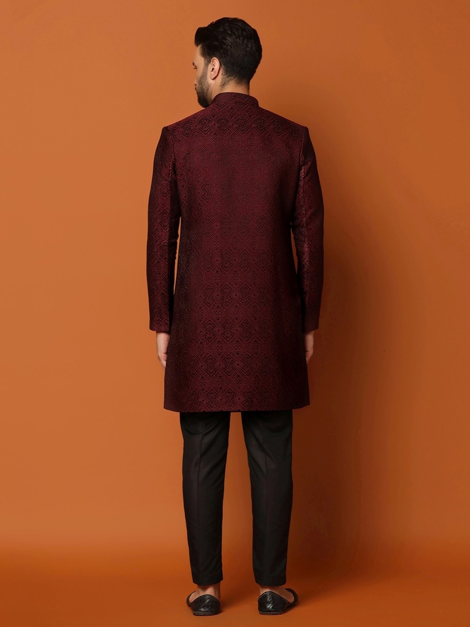 Kisah Maroon Regular Fit Self Pattern Sherwani Jacket