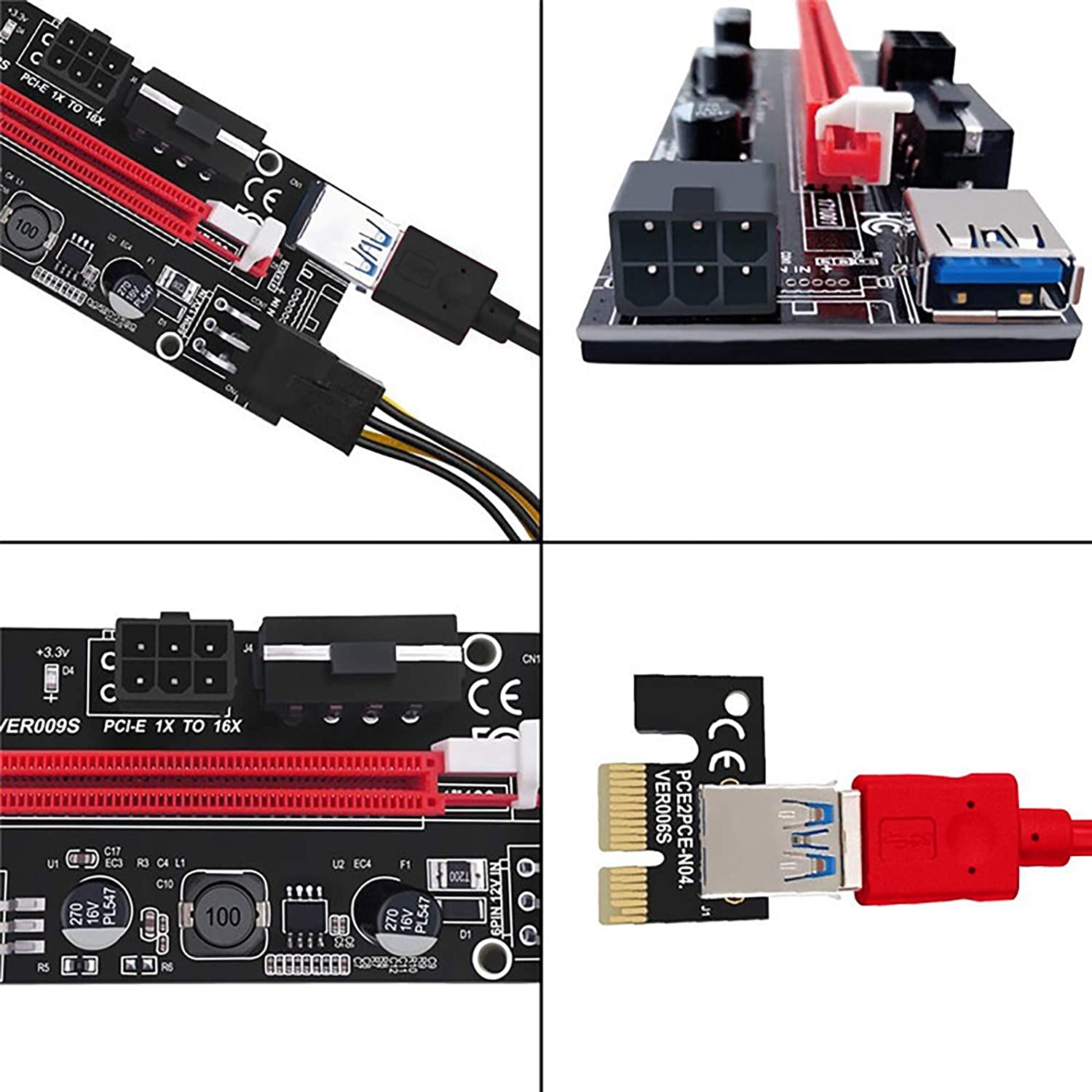 PCI-E Riser Extender Riser Card Adapter USB3.0 1x to 16x S-ATA 4 Pin Power Cable PCI-E Expre Dedicated PCIE Extension Cable Adapter Card for GPU Mining 4 Solid Capacitors (Red)