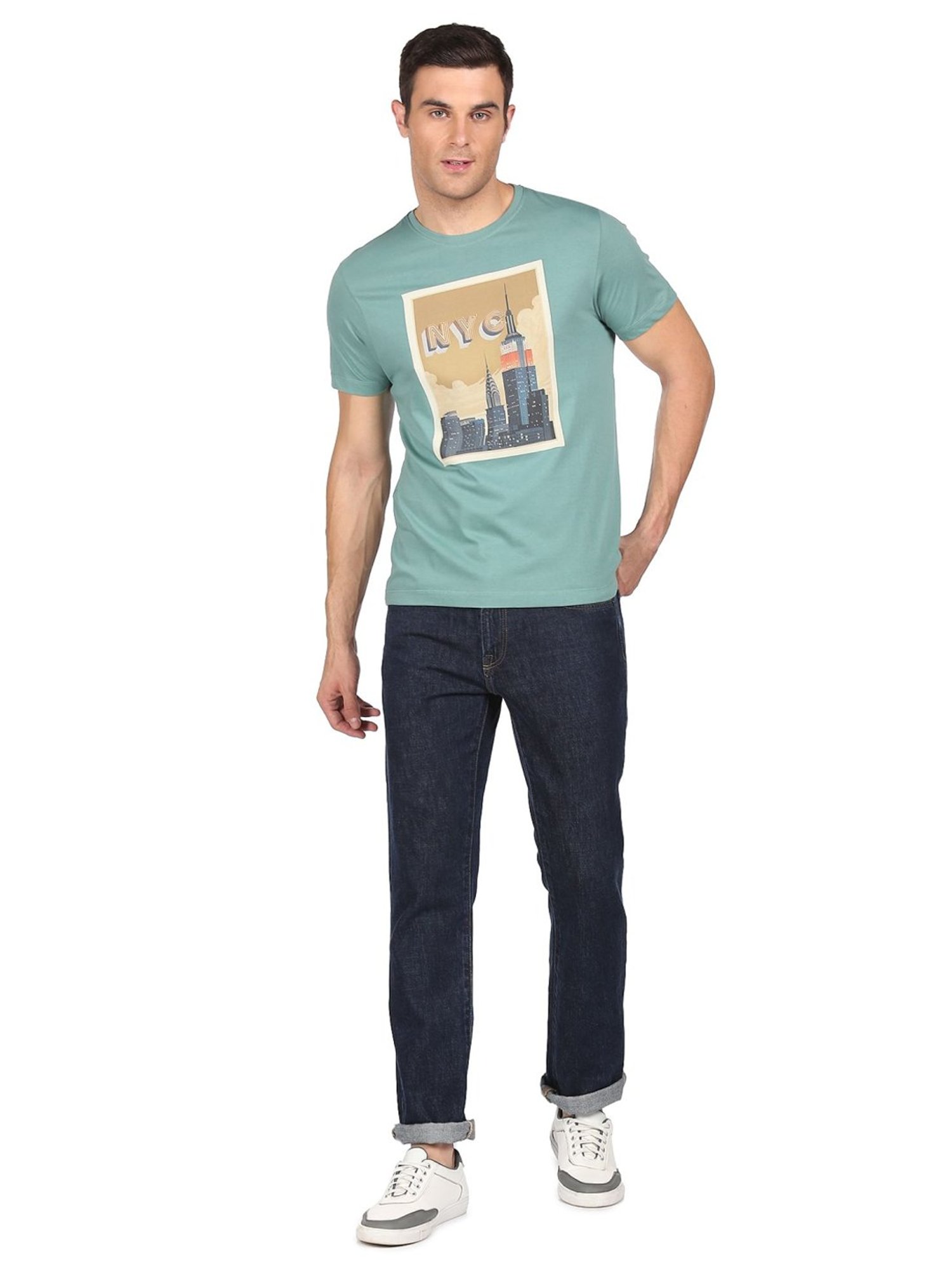 Arrow New York Green Cotton Regular Fit Printed T-Shirt