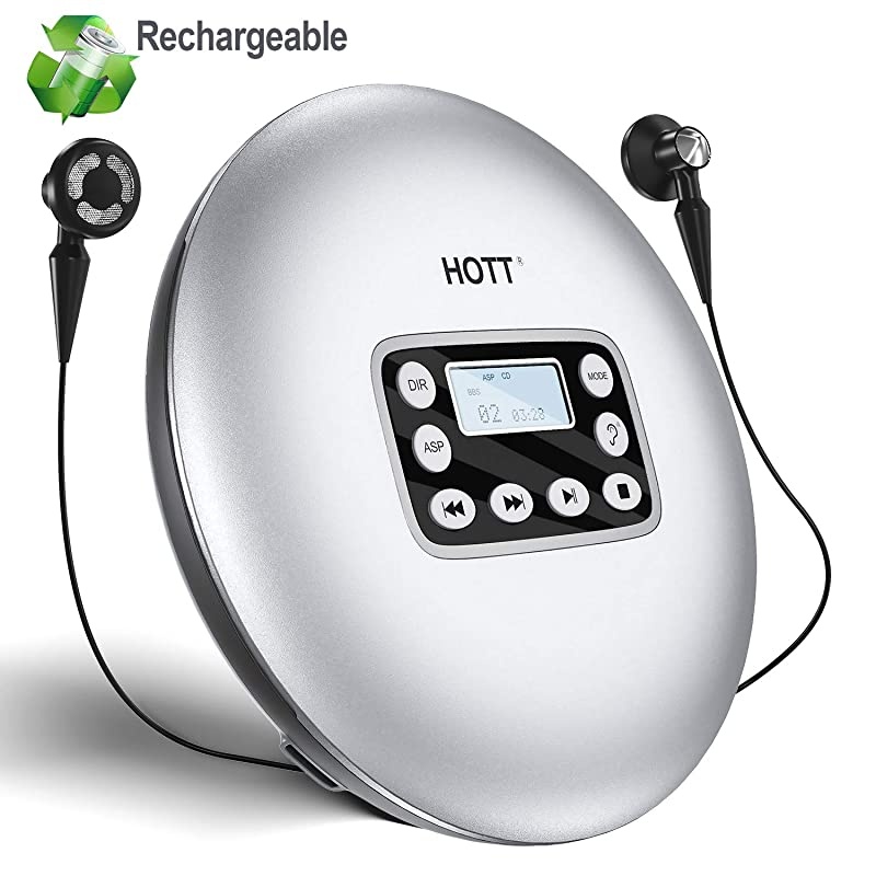 Portable CD Player with Rechargeable Battery, Personal Walkman CD Player with 14 Hour Battery, Stereo Earbuds, LCD Display, Anti-Shock Function and Electronic Skip Protection