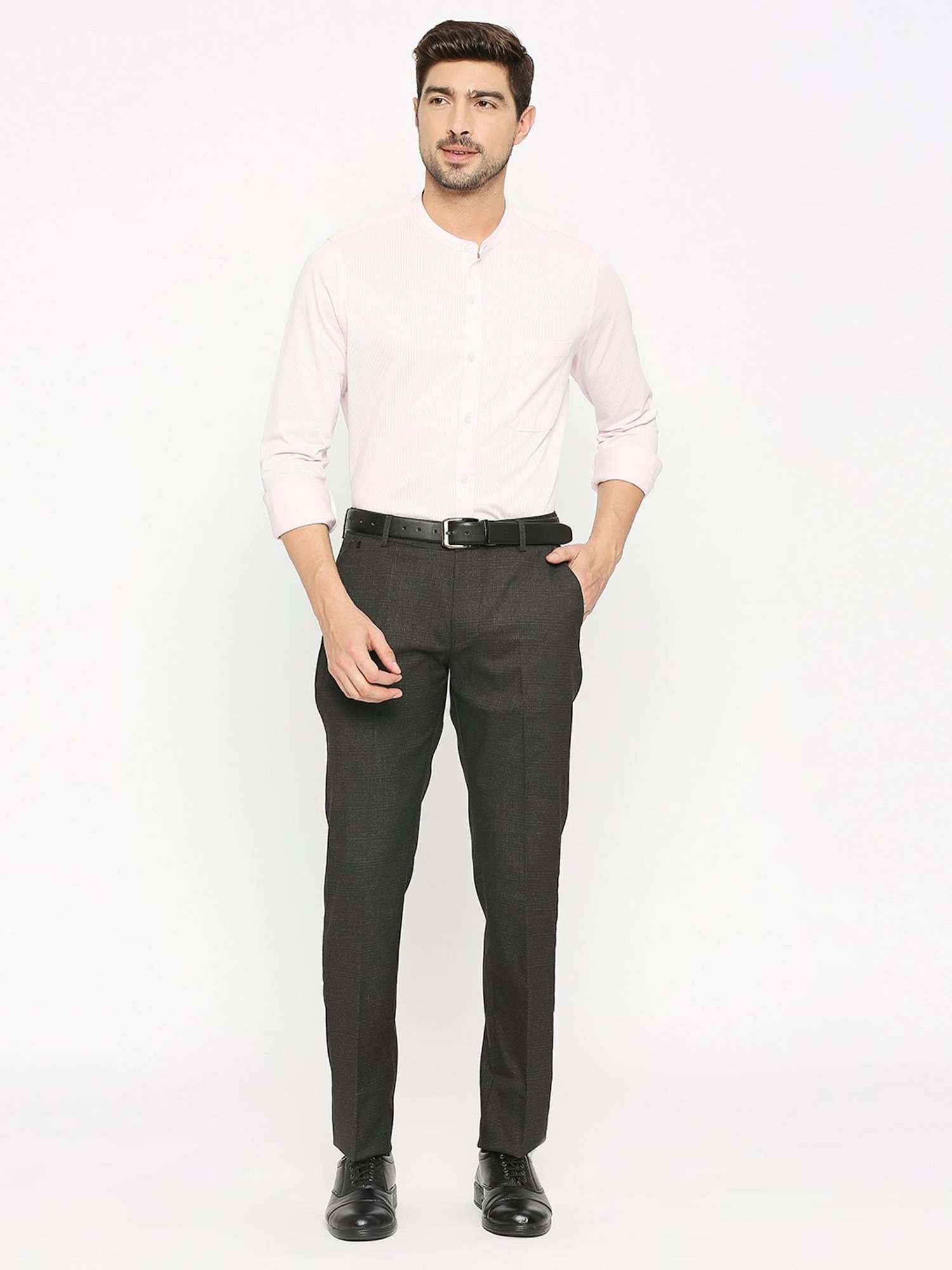 SOLEMIO Dark Brown Slim Fit Self Design Flat Front Trousers