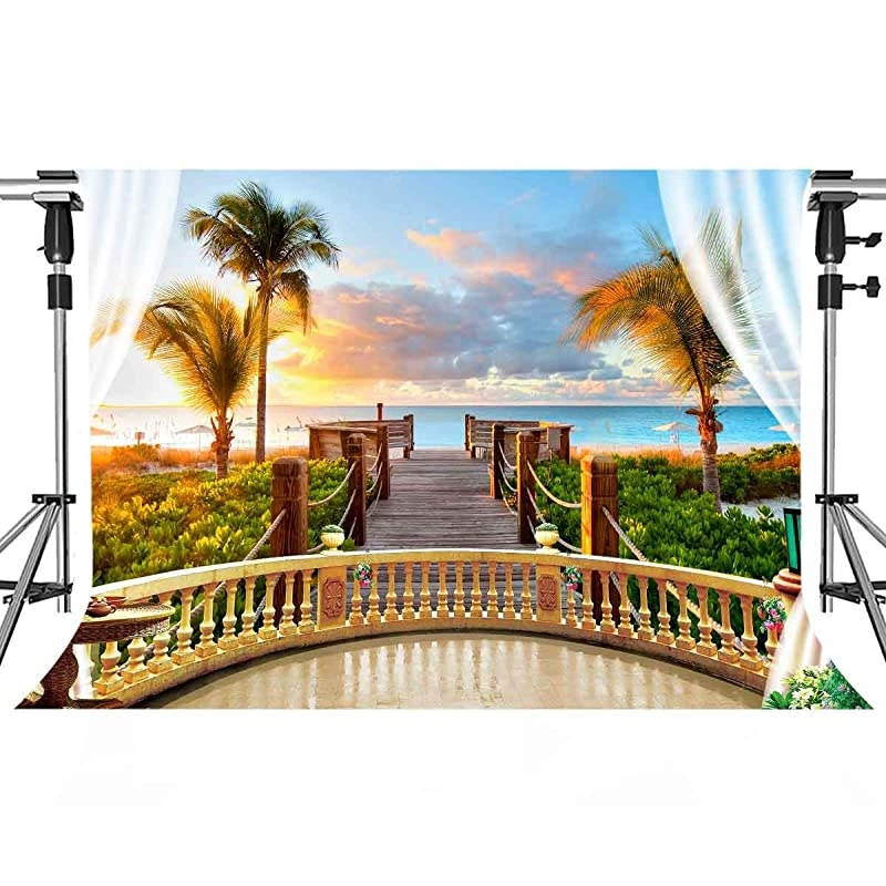 Seaside Scenery Backdrop Wooden Bridge Railing Plant Sunset Sea Background Wedding Photography Ocean Theme Party Studio Props Background 10x7ft HUIMT072