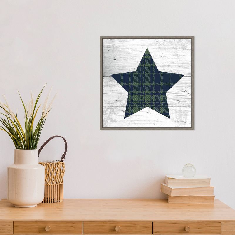 16" x 16" Nordic Holiday XII Christmas Star by Beth Grove Framed Canvas Wall Art Plaid Navy/Green - Amanti Art