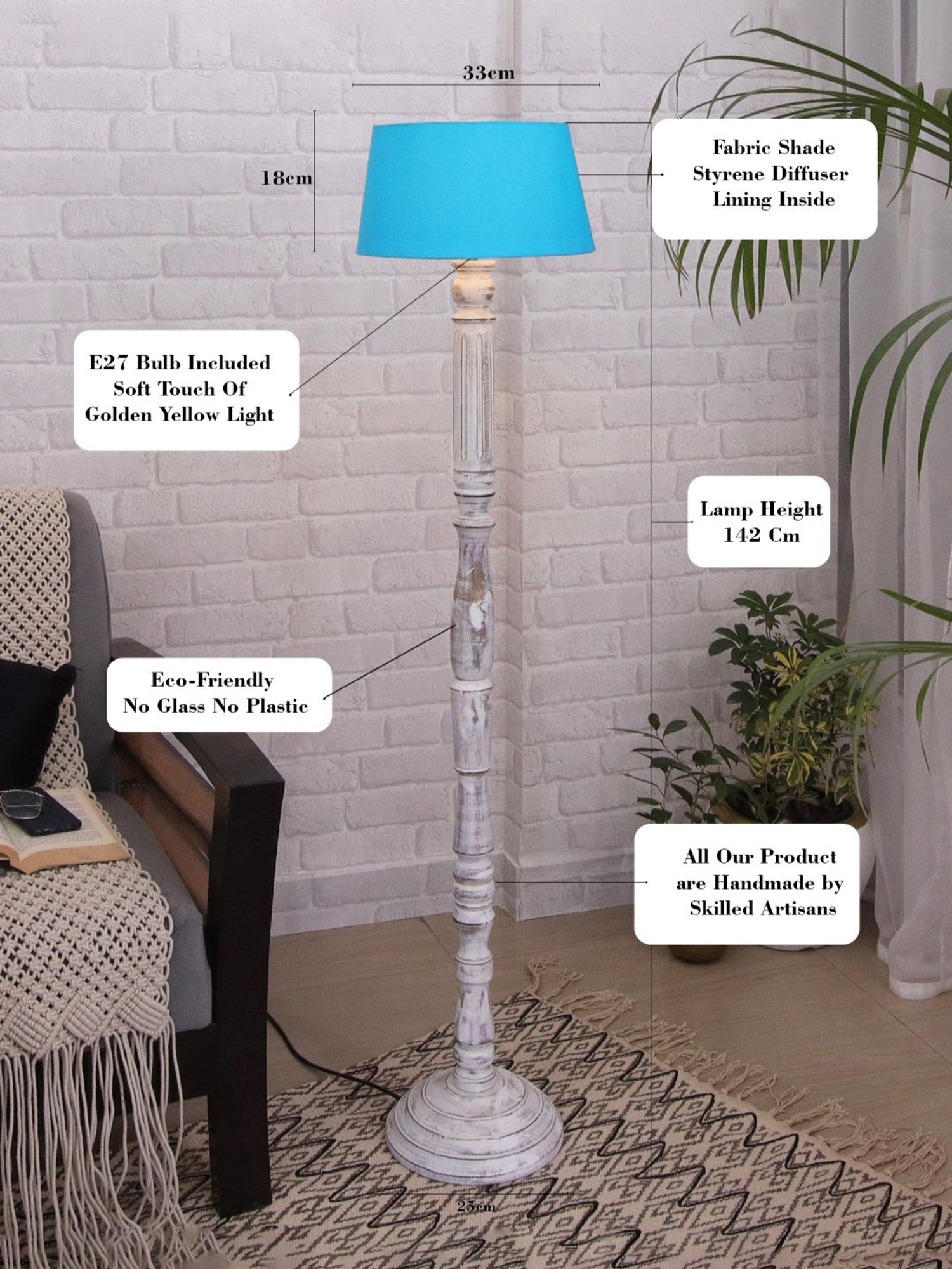 Homesake 'Antique' Turquoise & Brown Wood Tall Floor Lamp With Shade & Bulb - Set of 1