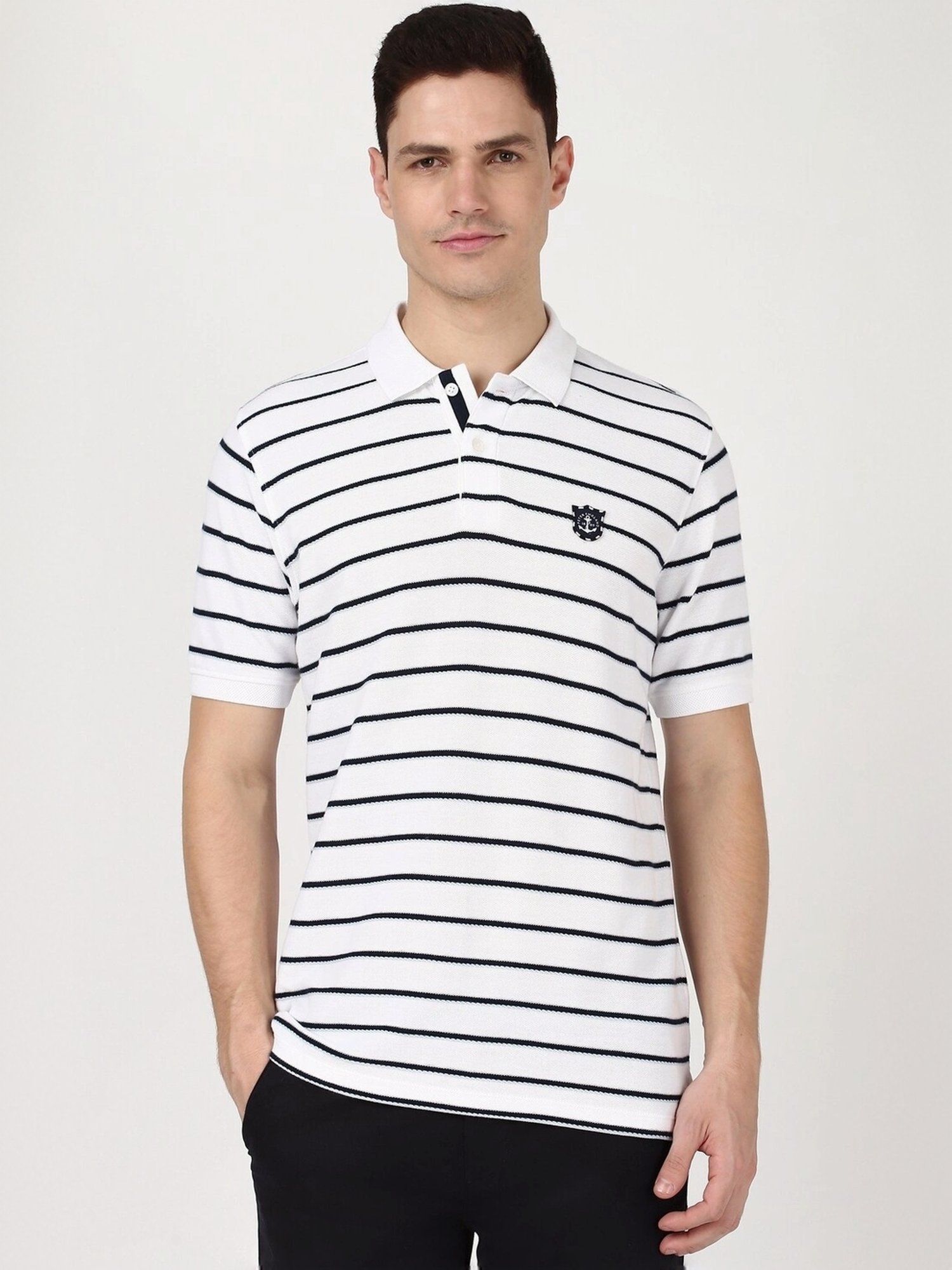 Peter England White Cotton Regular Fit Striped T-Shirt
