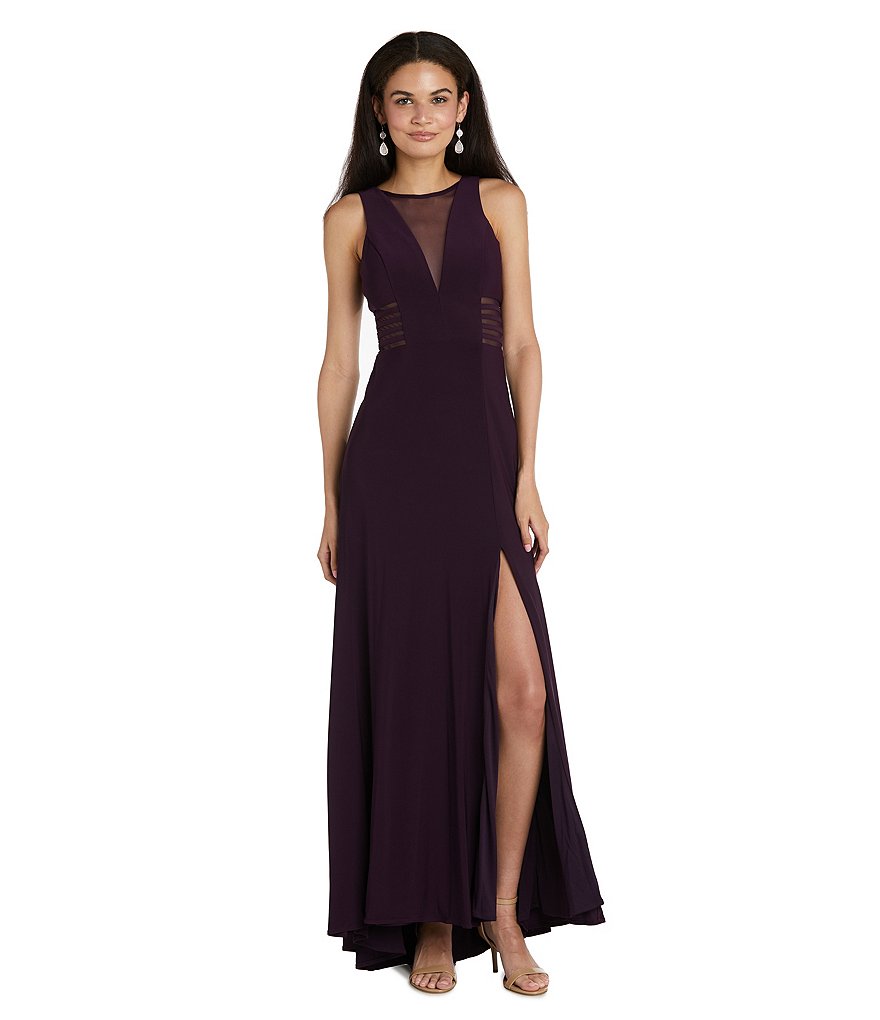 Morgan & Co. Power Mesh Deep V Plunging Neck Long Dress