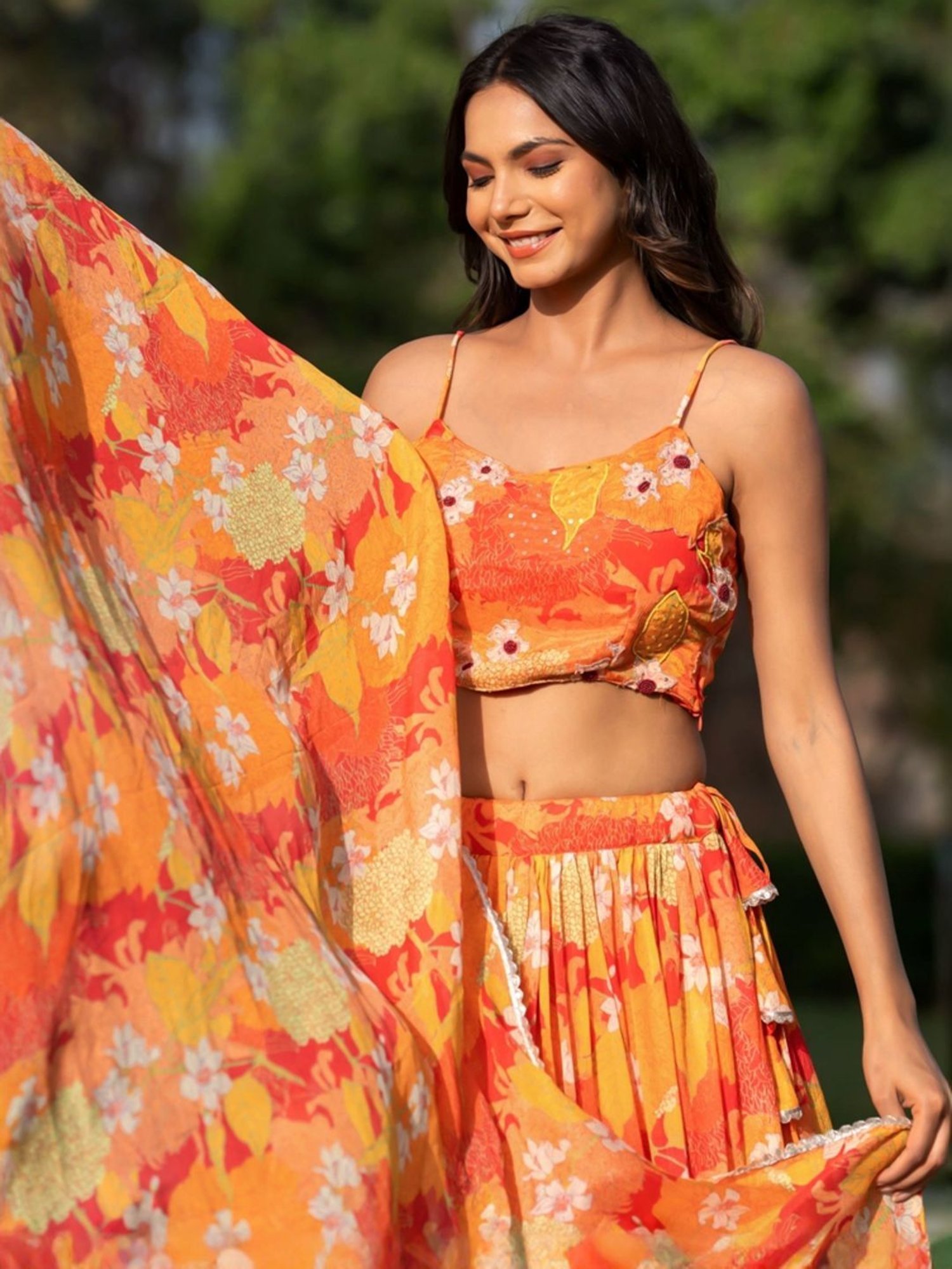 HOUSE OF JAMOTI Orange & Yellow Printed Lehenga Choli Set With Dupatta