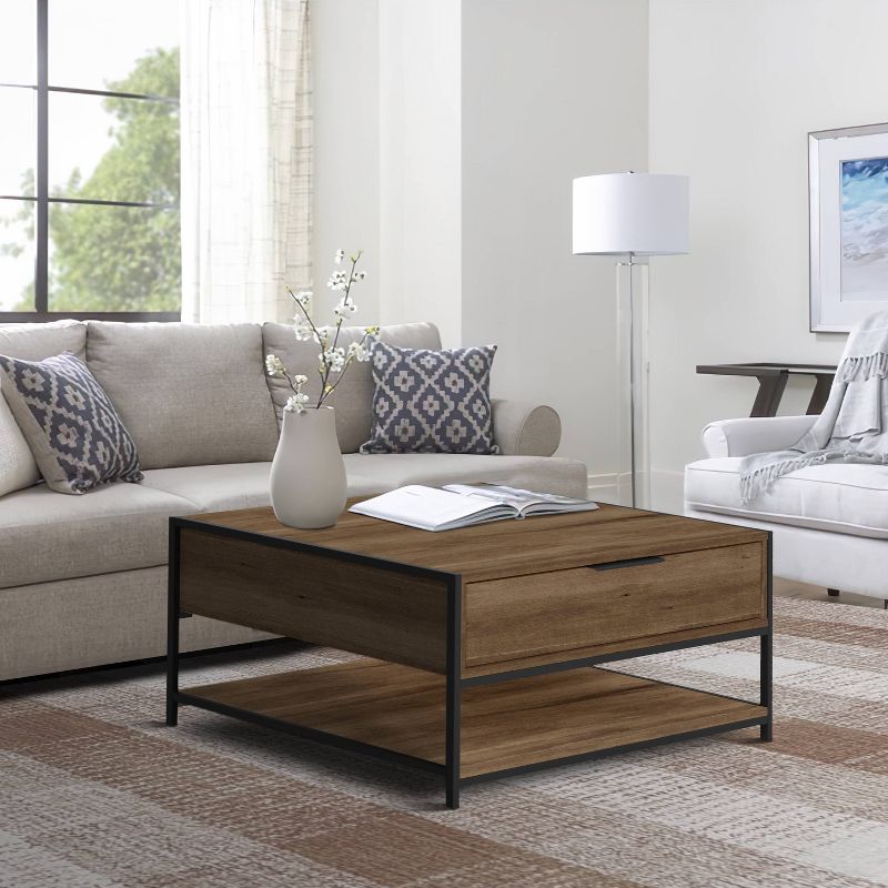 Wood and Metal Rectangular Coffee Table with Drawer and Shelf Brown/Black - The Urban Port