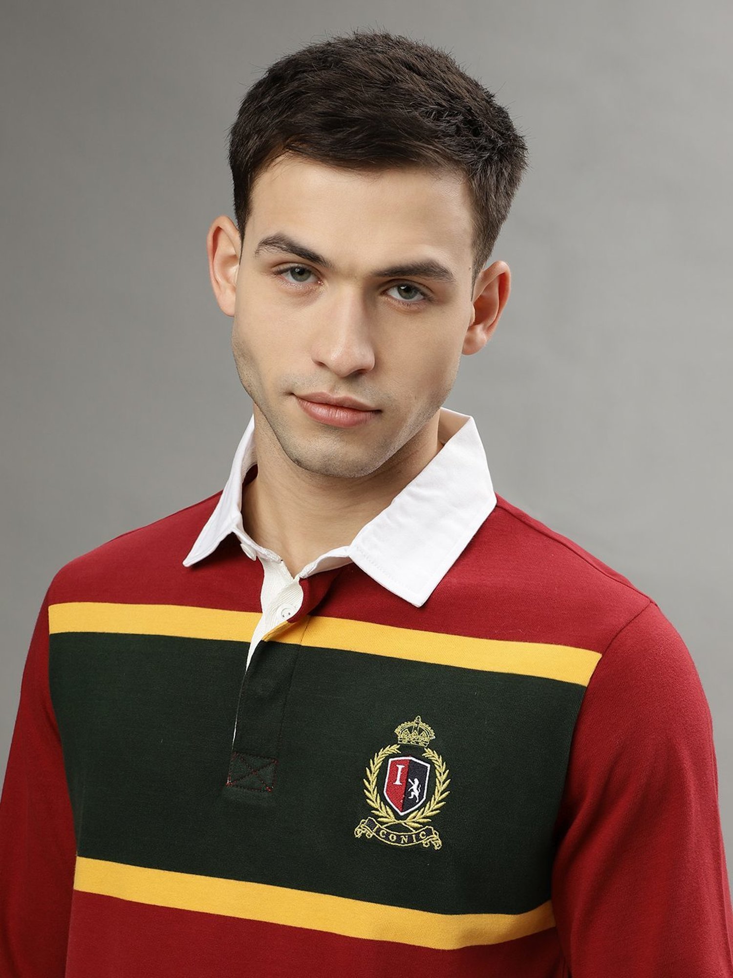 Iconic Red Cotton Regular Fit Colour Block Polo T-Shirt