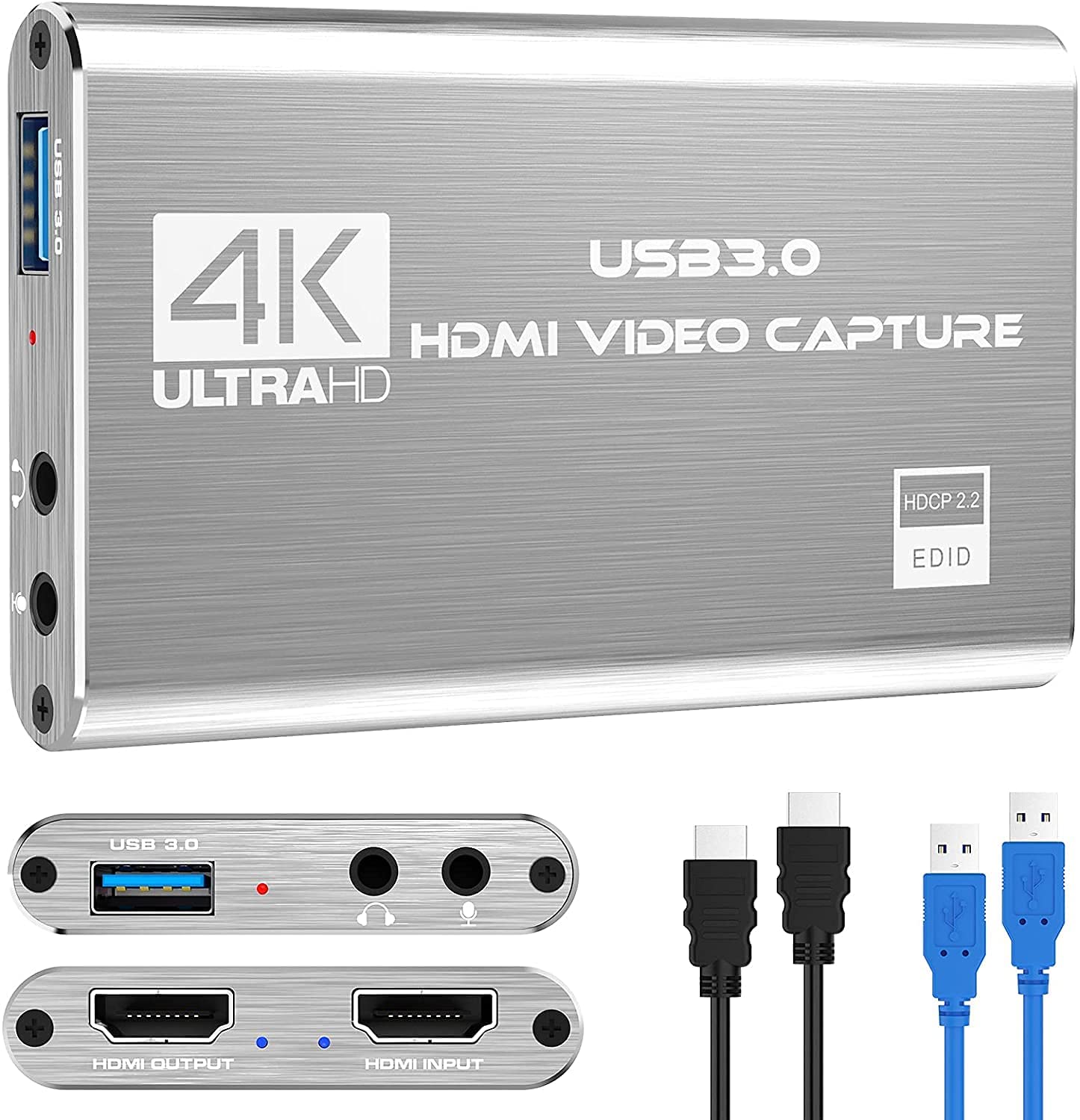 4K Audio Video Capture Card, USB 3.0 HDMI Video Capture Device, Full HD 1080P 60FPS for Game Recording, Live Streaming Broadcasting-Black