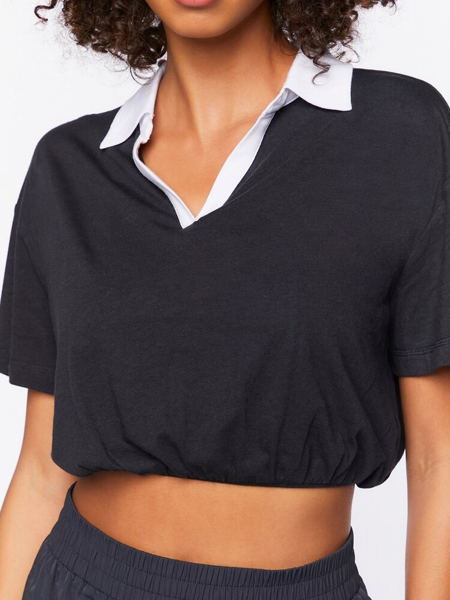 Forever 21 Black Shirt Collar Crop Top