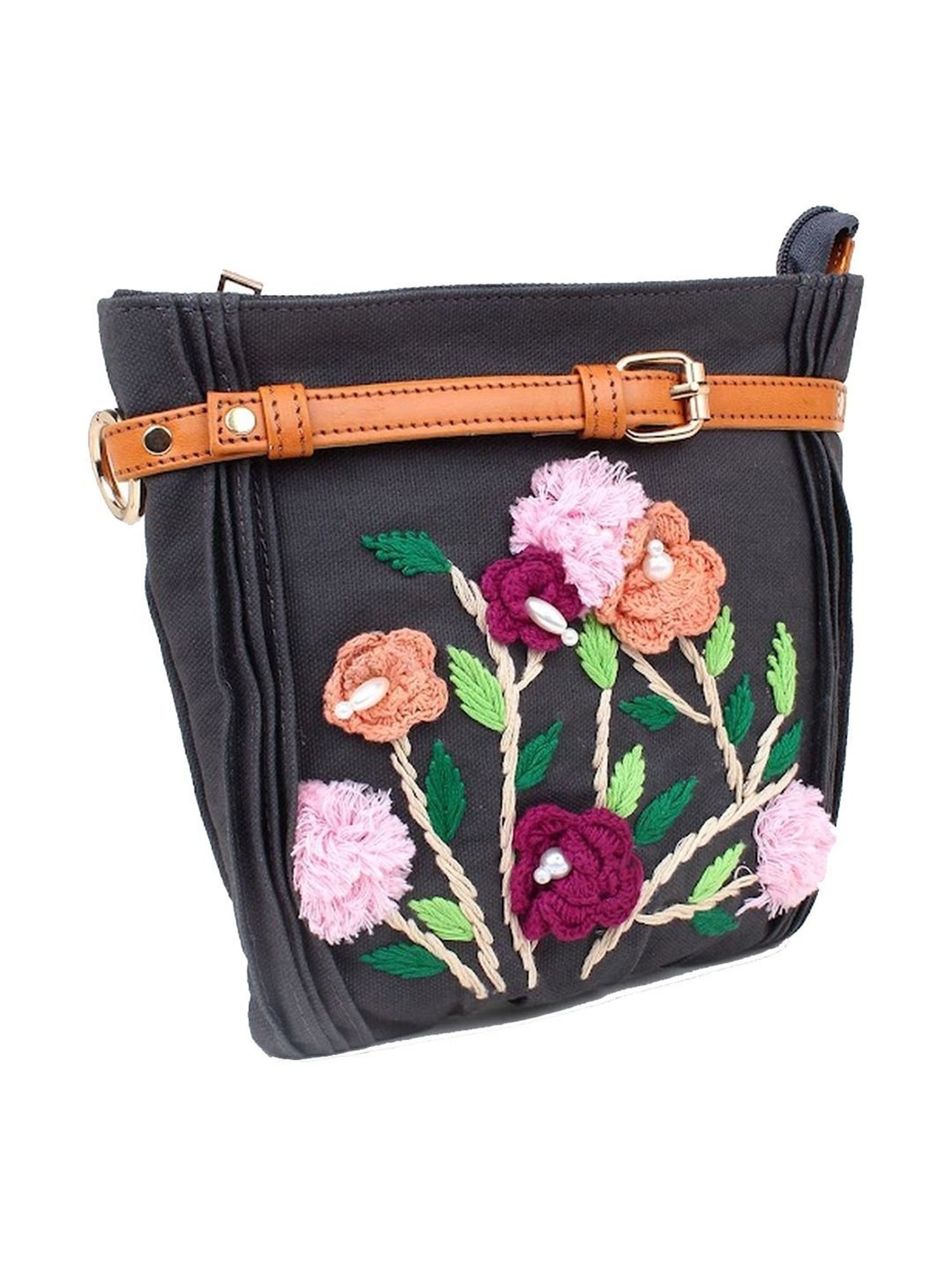 Spice Art Grey Embroidered Medium Sling Handbag